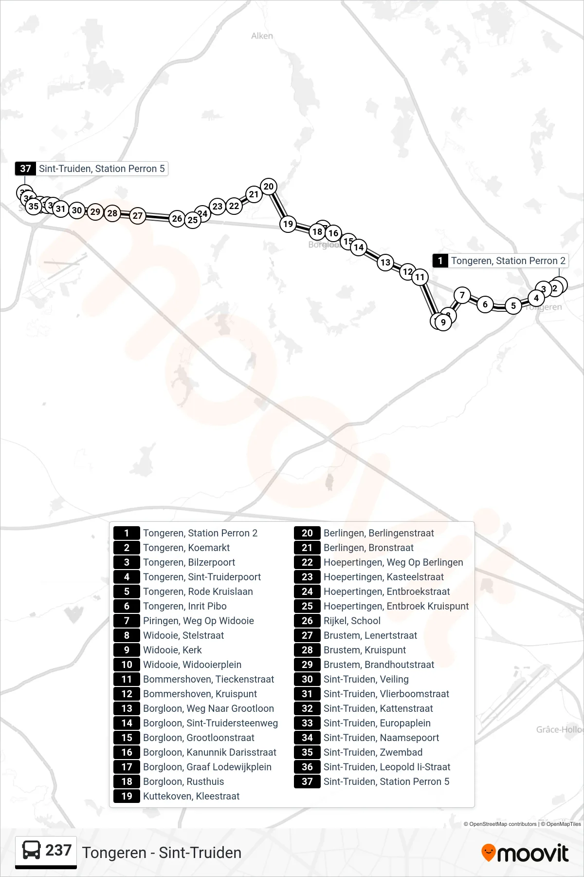 Lijn 237 (bus, Sint-Truiden Station Perron 5): route en haltes op de kaart