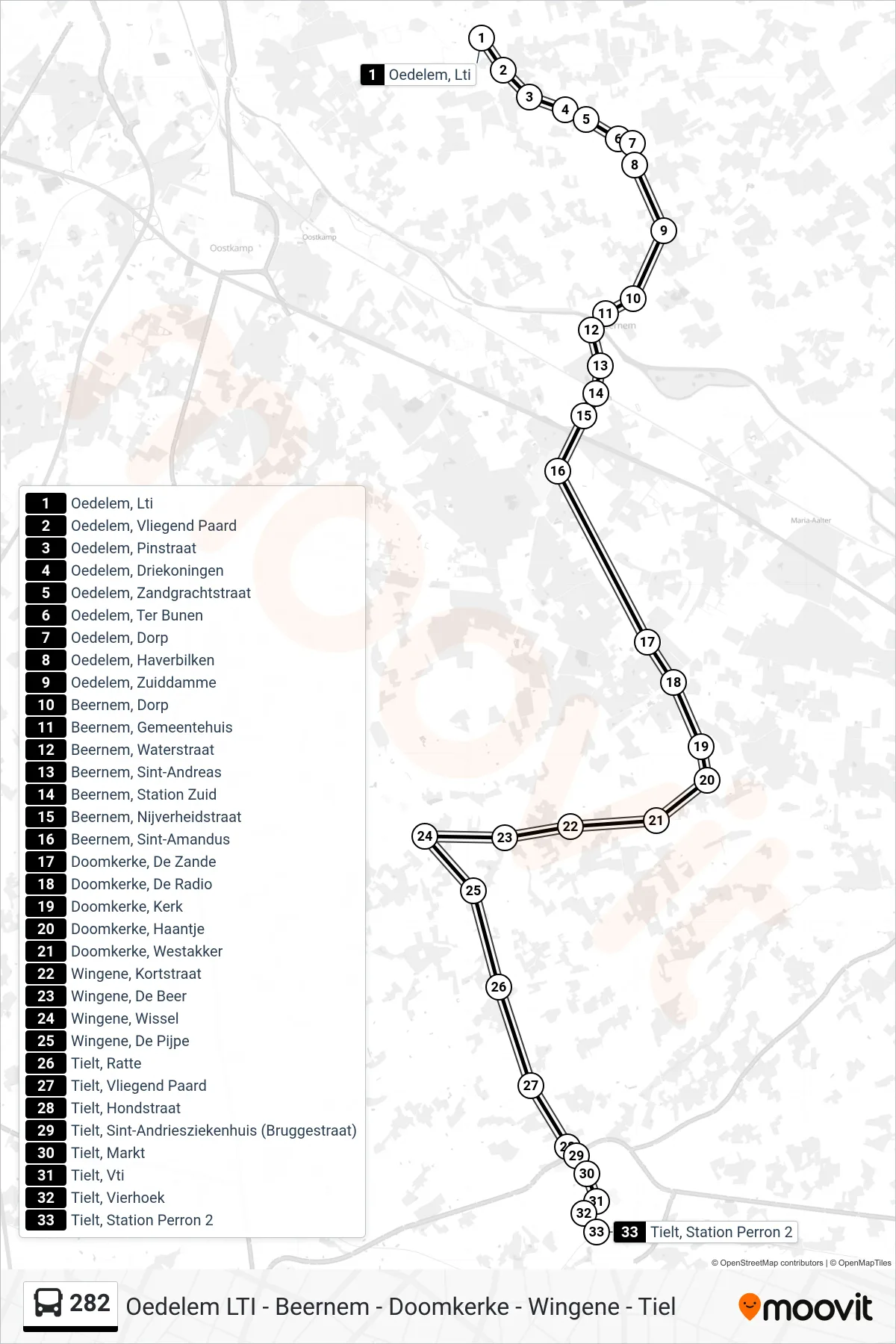 Lijn 282 (bus, Tielt Station Perron 2): route en haltes op de kaart