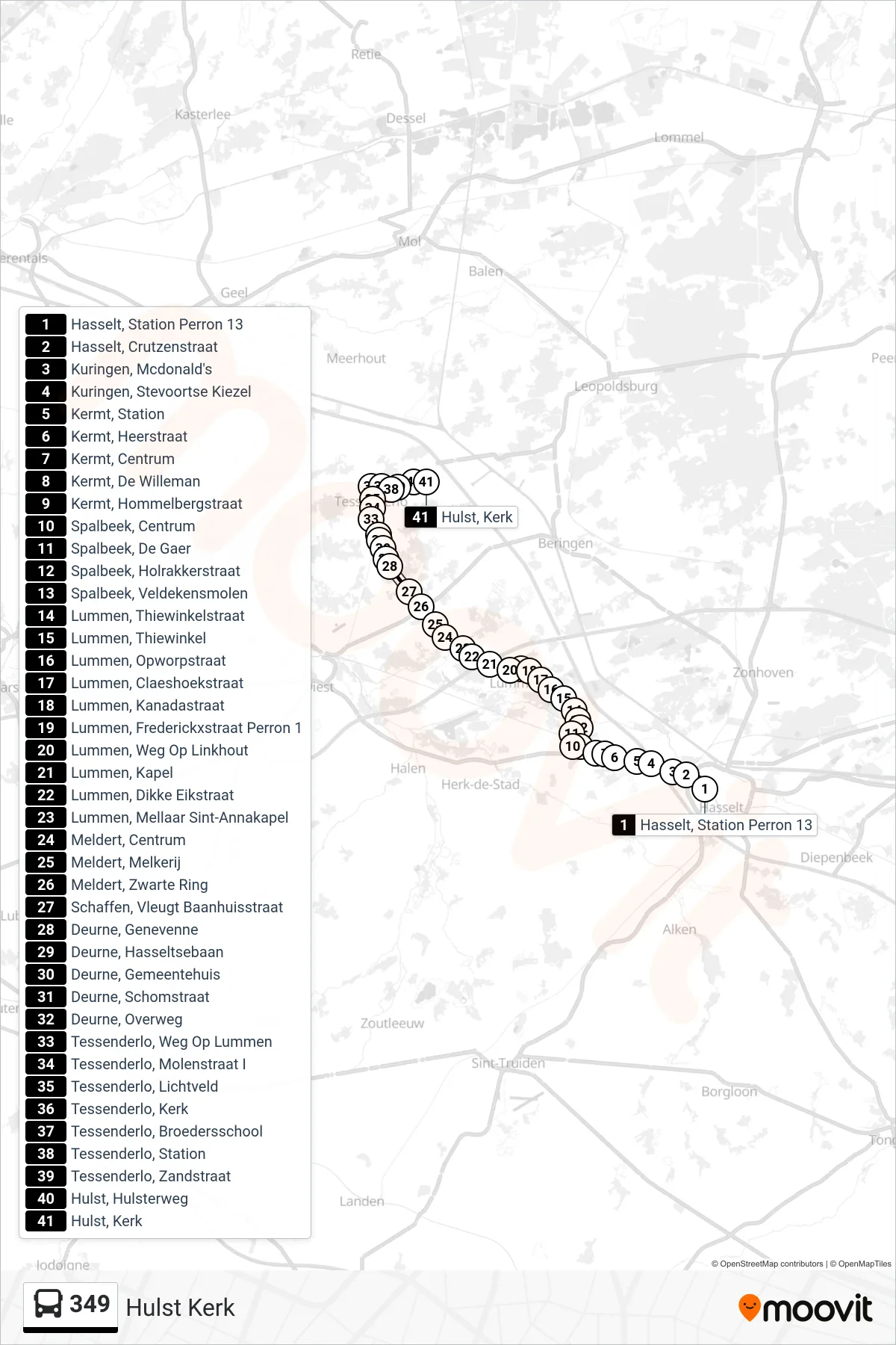 Lijn 349 (bus, Hulst Kerk): route en haltes op de kaart