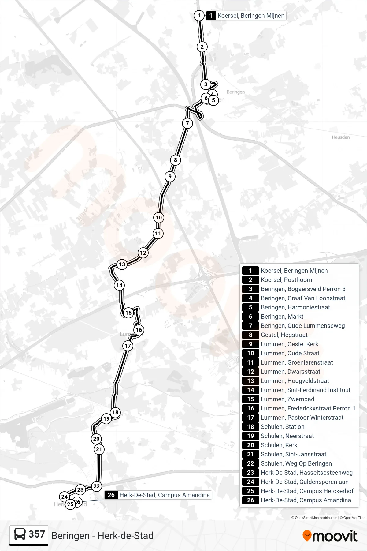 Lijn 357 (bus, Herk-De-Stad Campus Amandina): route en haltes op de kaart