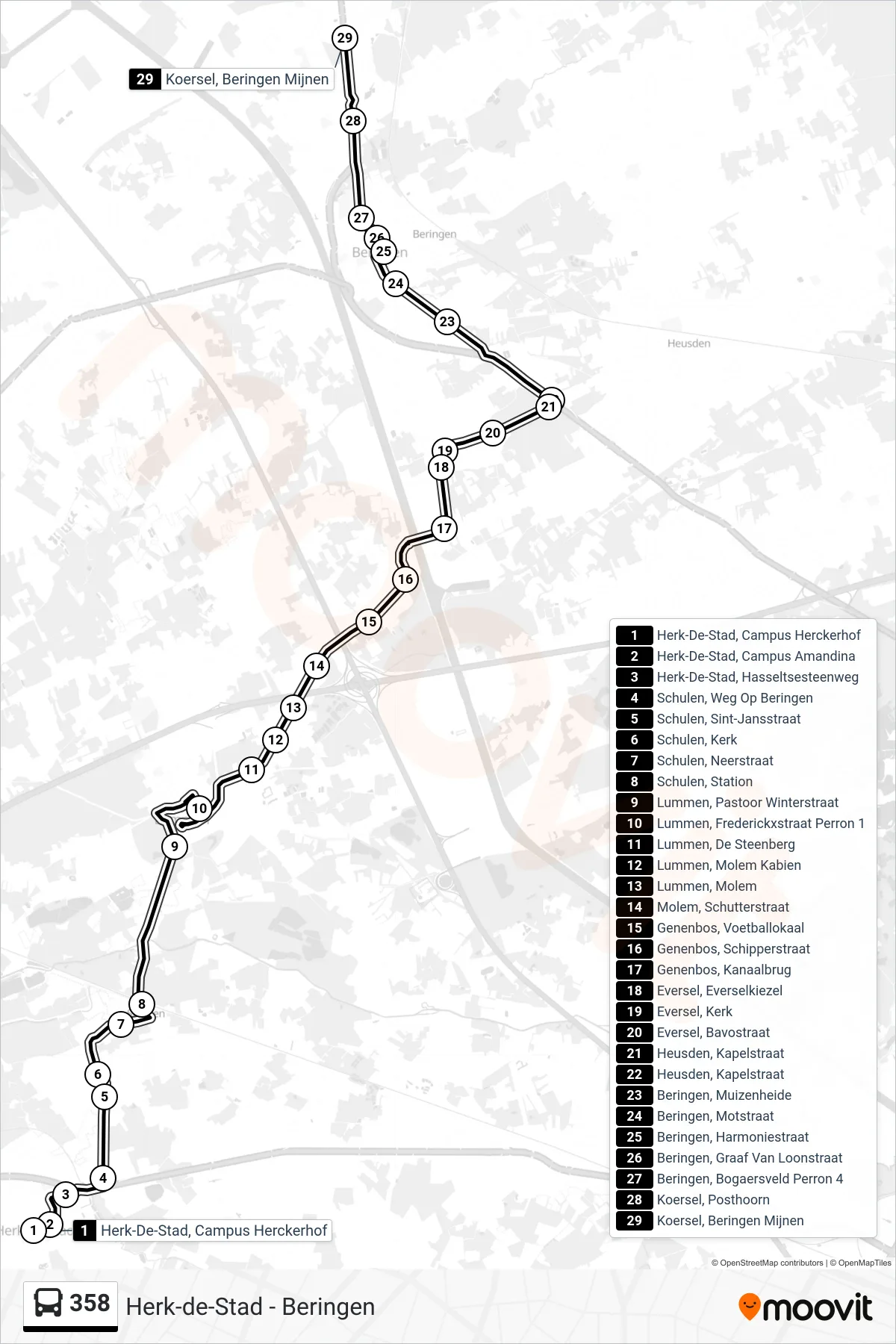 Lijn 358 (bus, Koersel Beringen Mijnen): route en haltes op de kaart