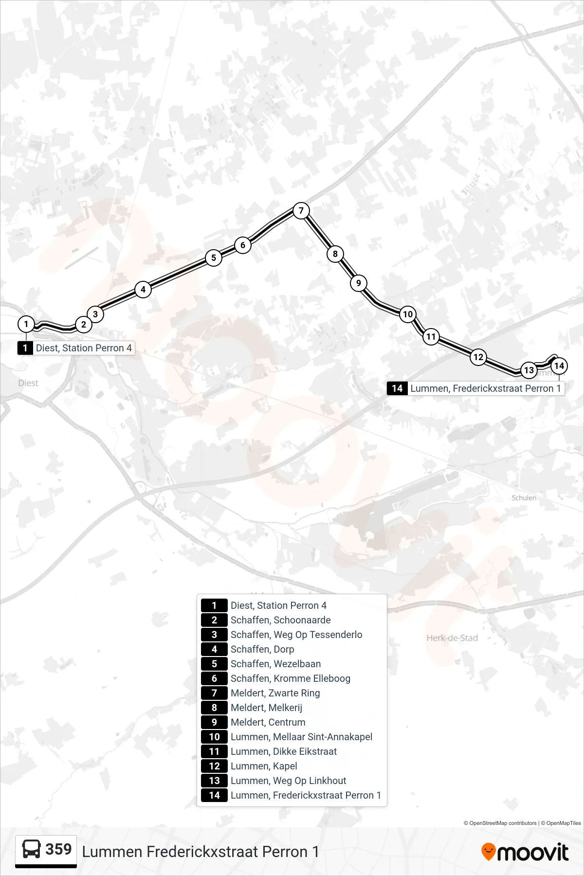 Lijn 359 (bus, Lummen Frederickxstraat Perron 1): route en haltes op de kaart