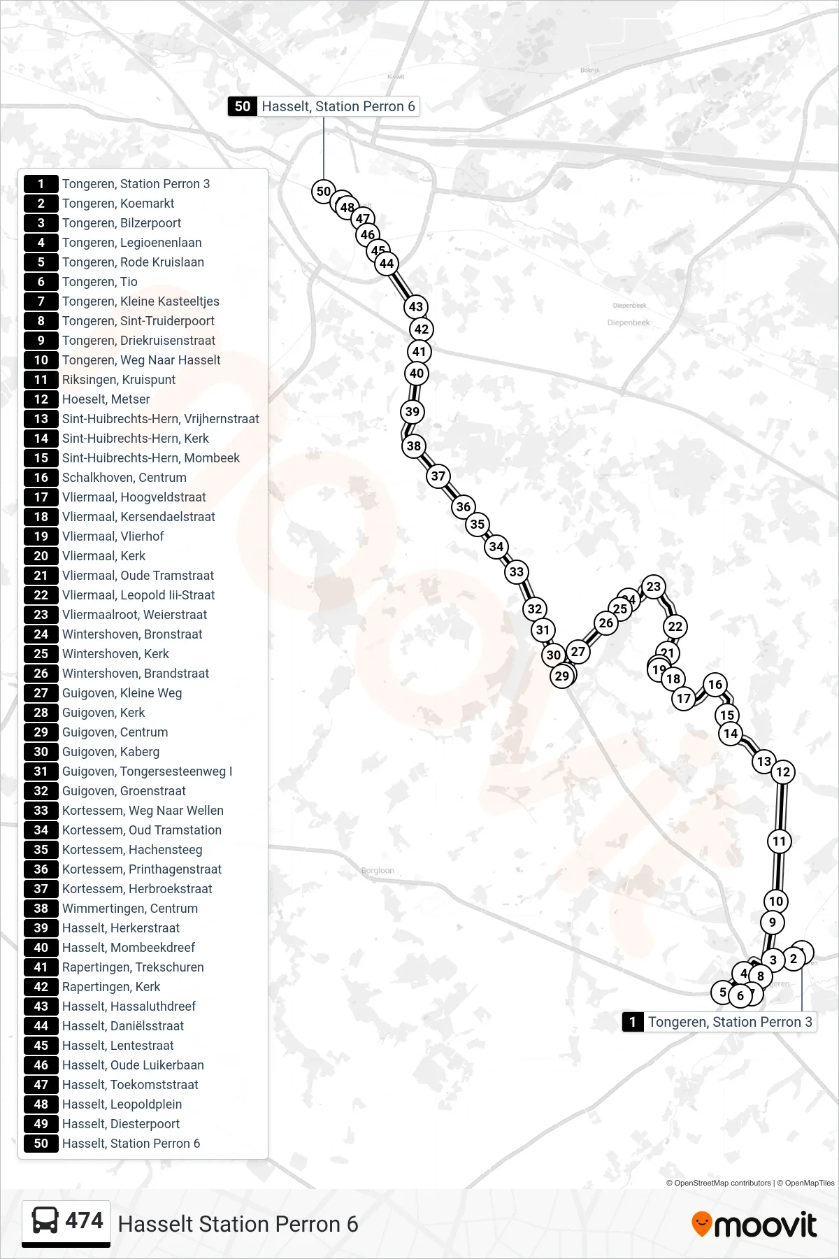 Lijn 474 (bus, Hasselt Station Perron 6): route en haltes op de kaart