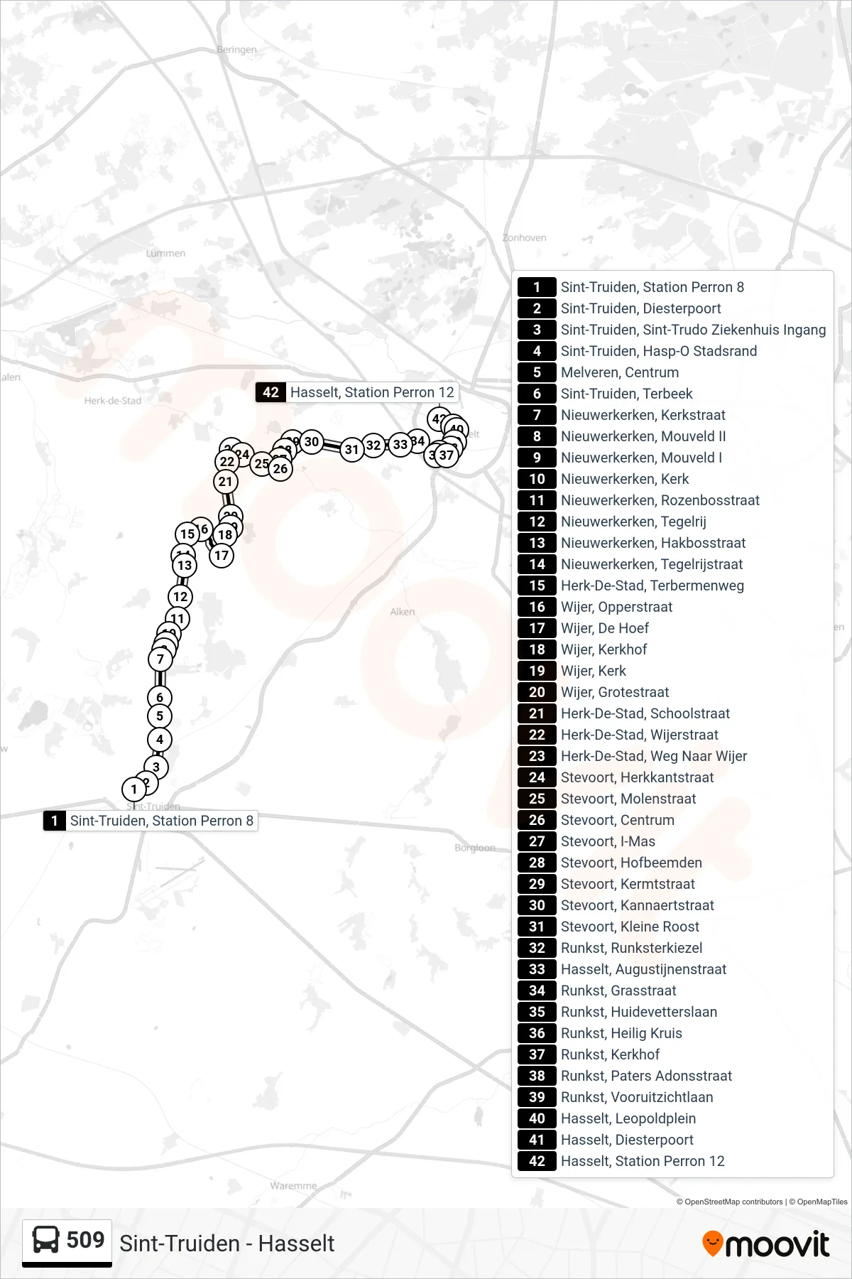 Lijn 509 (bus, Hasselt Station Perron 12): route en haltes op de kaart