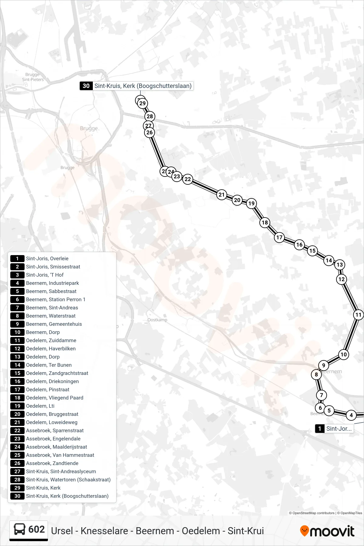 Lijn 602 (bus, Sint-Kruis Kerk (Boogschutterslaan)): route en haltes op de kaart