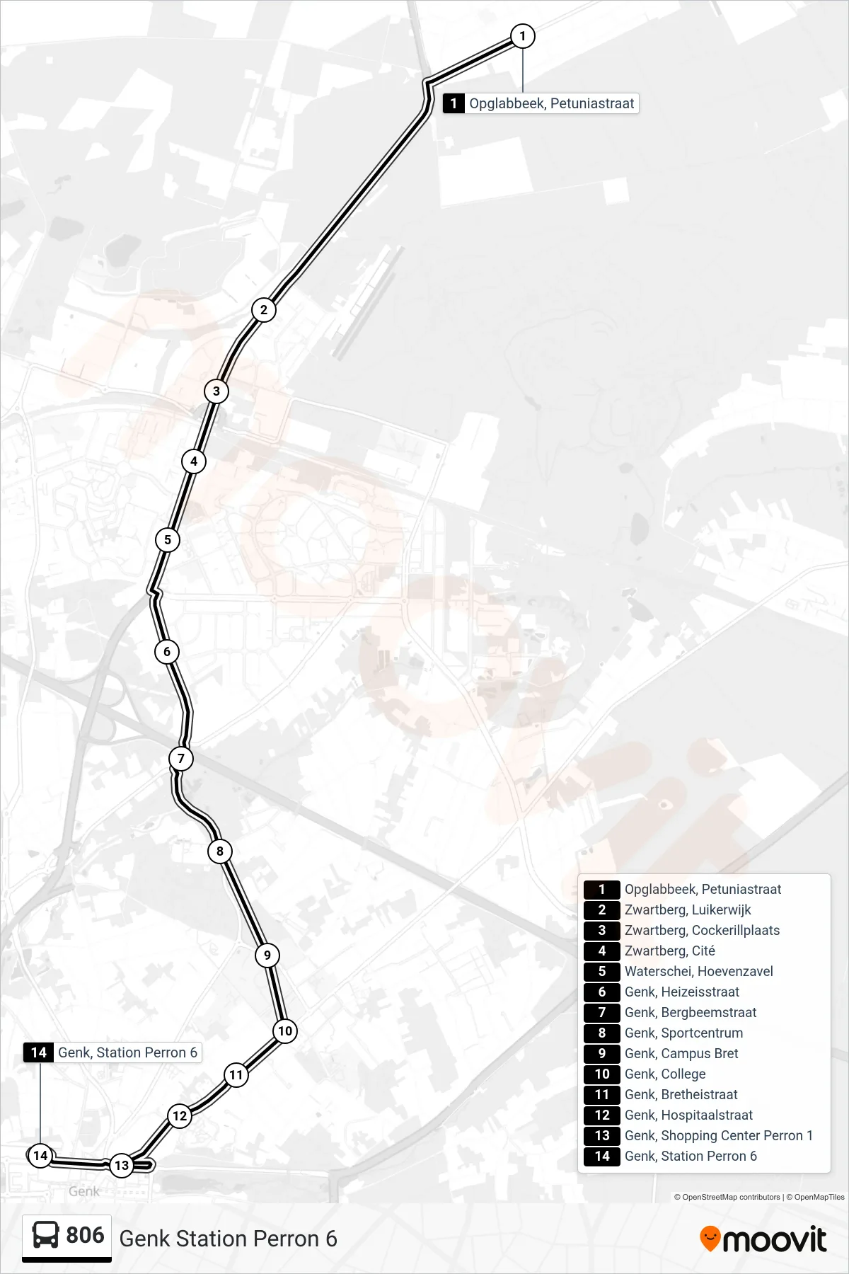 Lijn 806 (bus, Genk Station Perron 6): route en haltes op de kaart