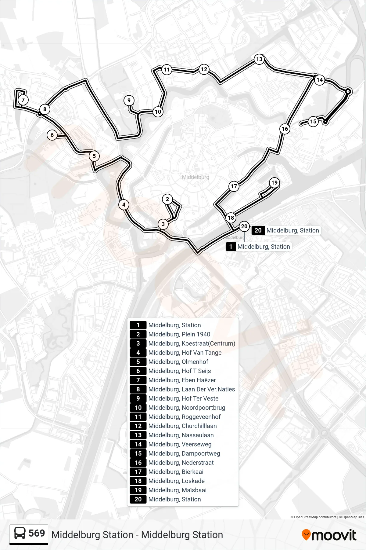 Lijn 569 (bus, Middelburg Station): route en haltes op de kaart