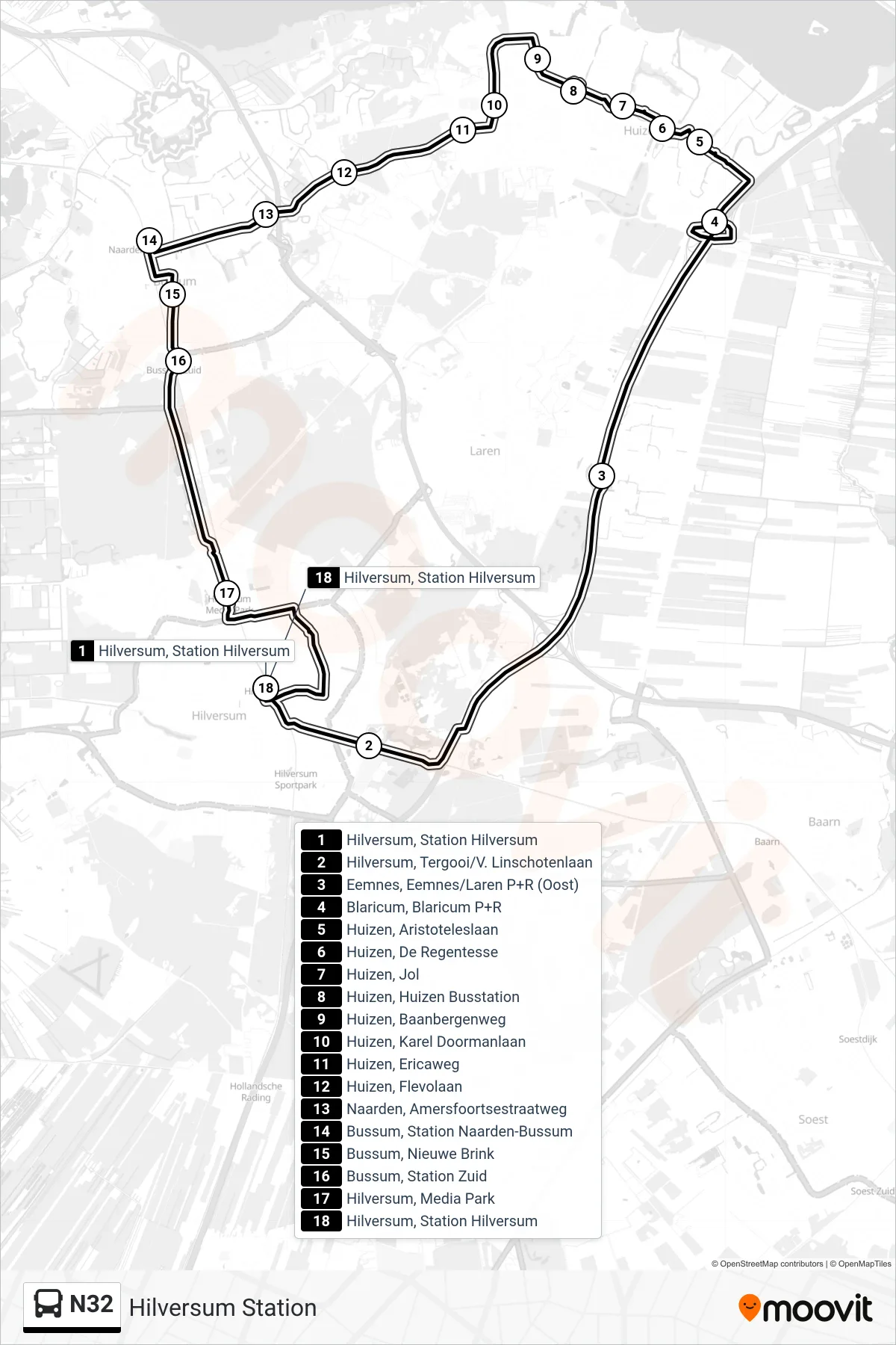 Lijn N32 (bus, Hilversum Station): route en haltes op de kaart
