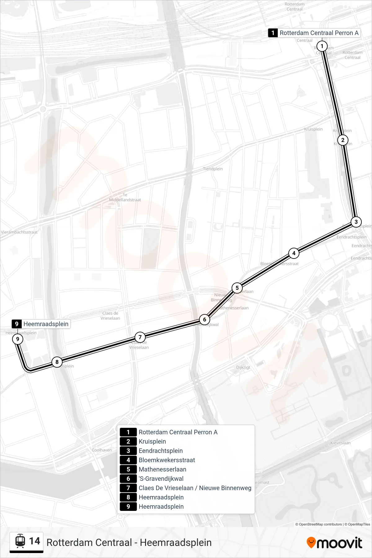 Lijn 14 (tram, Heemraadsplein): route en haltes op de kaart