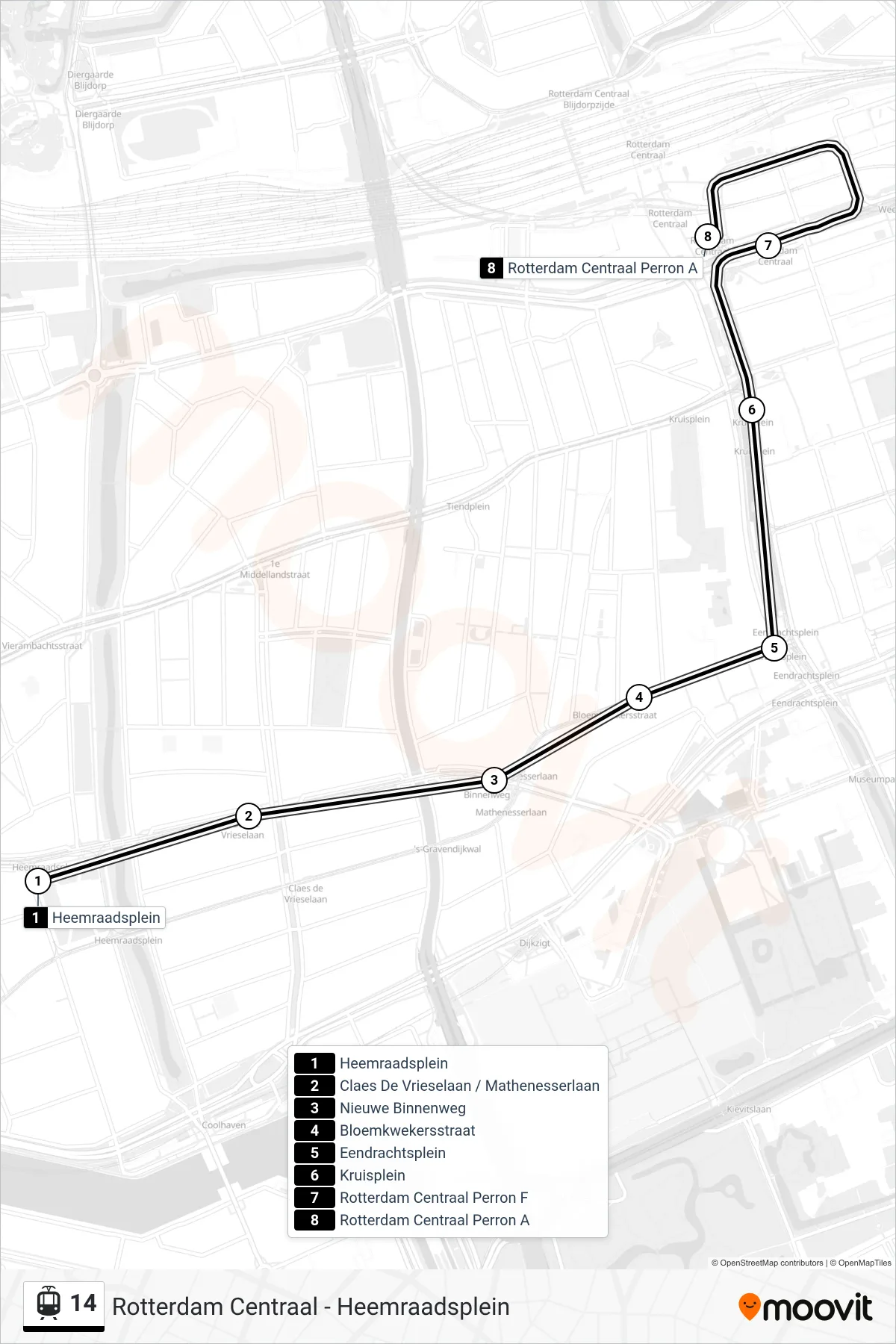Lijn 14 (tram, Rotterdam Centraal): route en haltes op de kaart