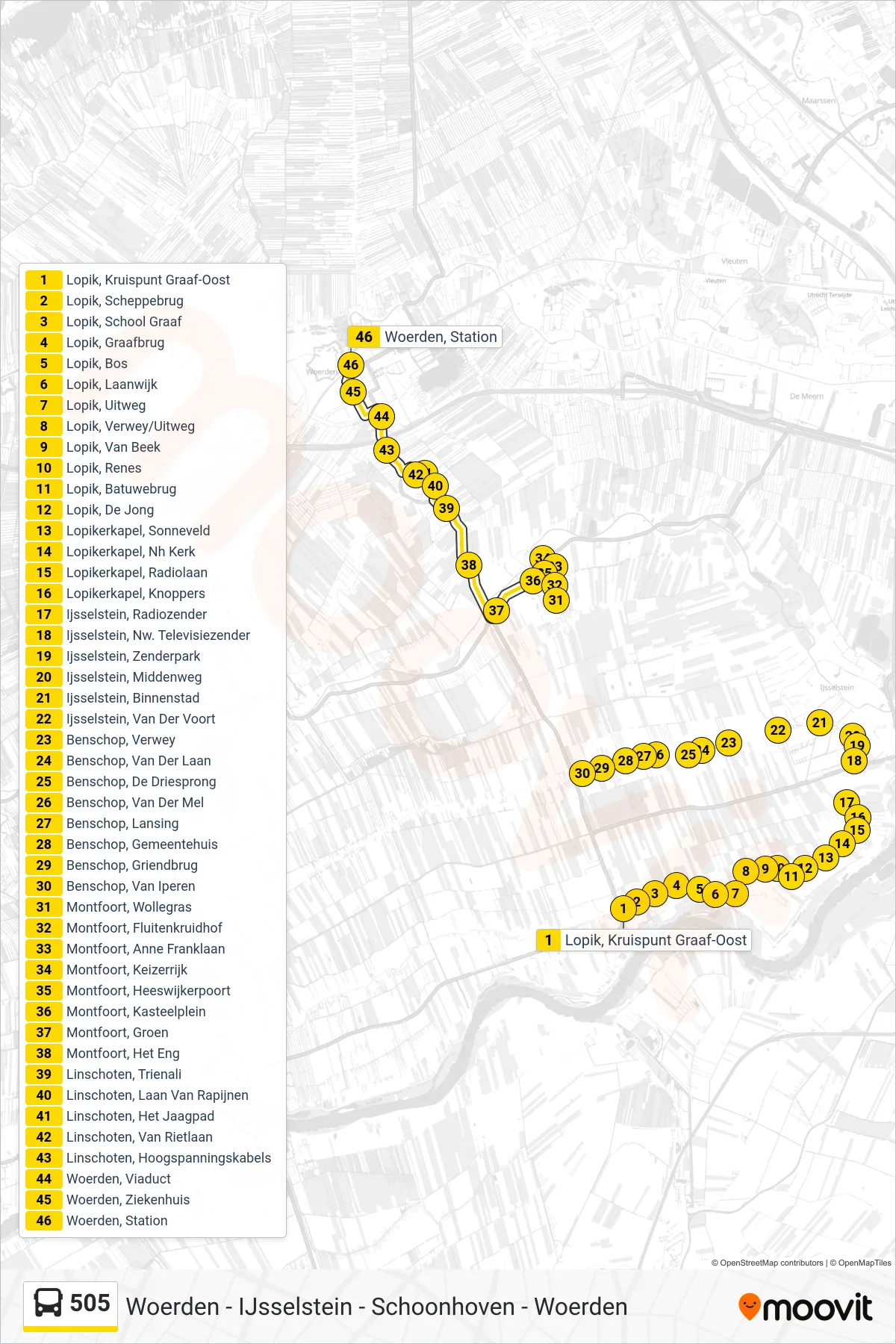 Lijn 505 (bus, Woerden): route en haltes op de kaart