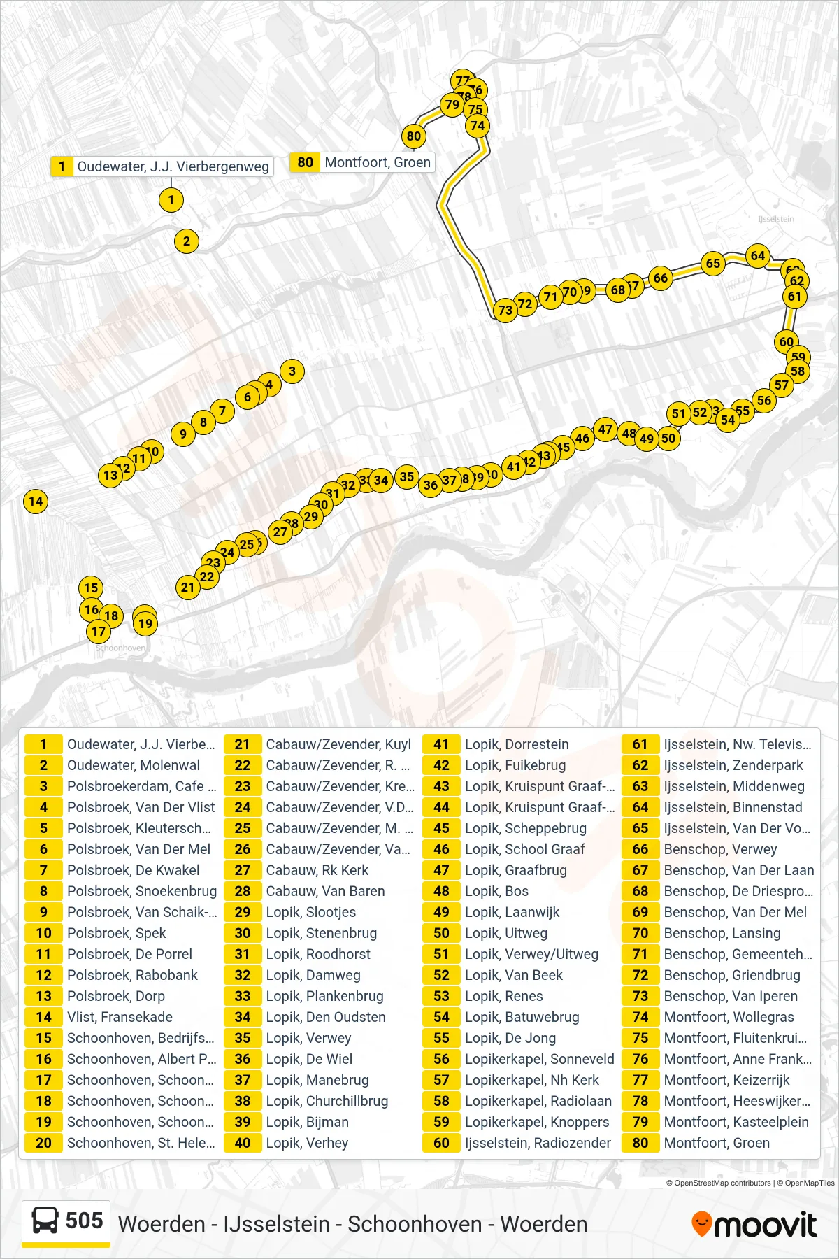 Lijn 505 (bus, Ijsselstein): route en haltes op de kaart