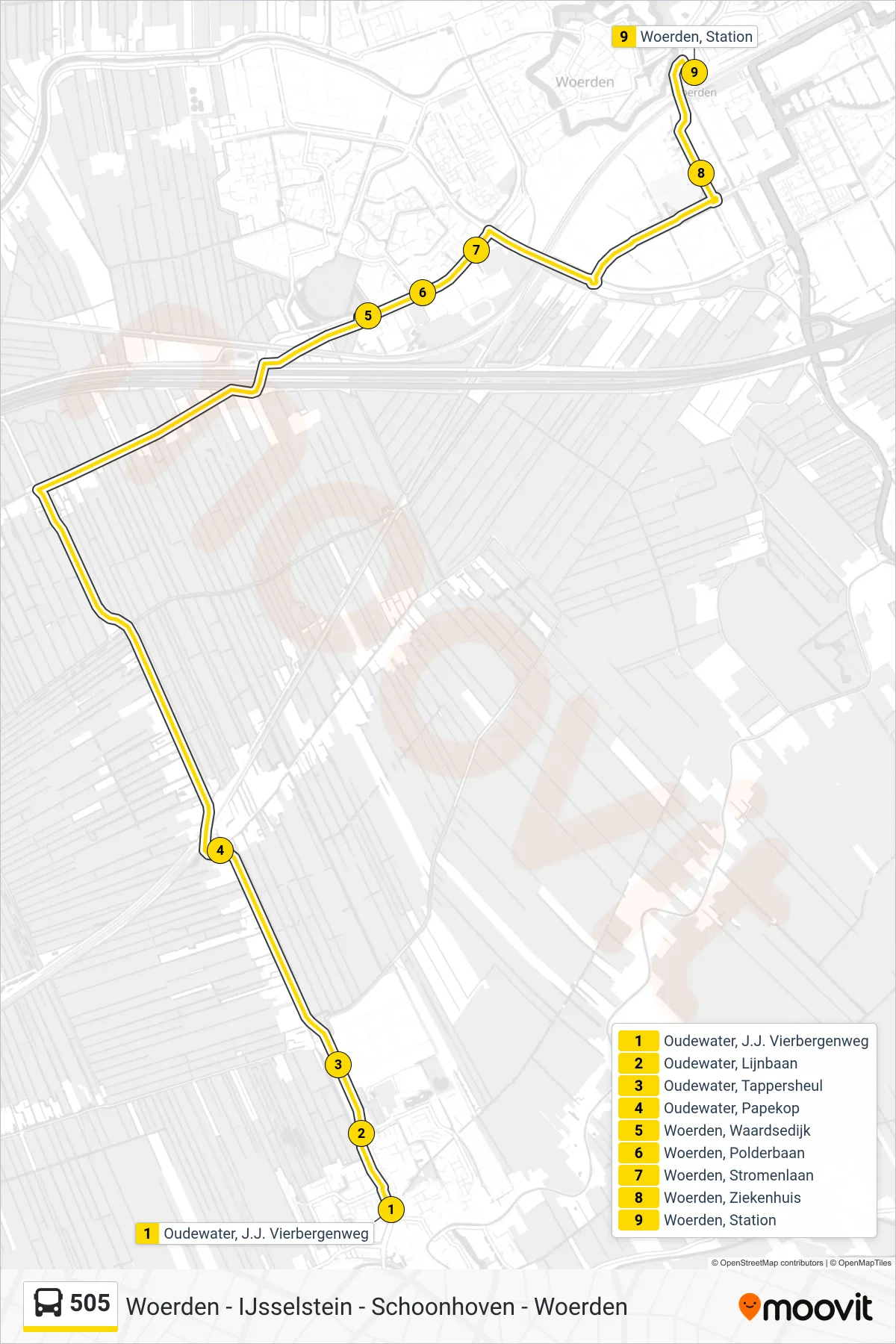 Lijn 505 (bus, Woerden): route en haltes op de kaart