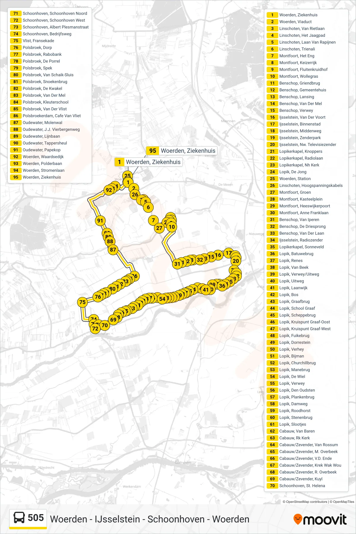 Lijn 505 (bus, Ijsselstein): route en haltes op de kaart