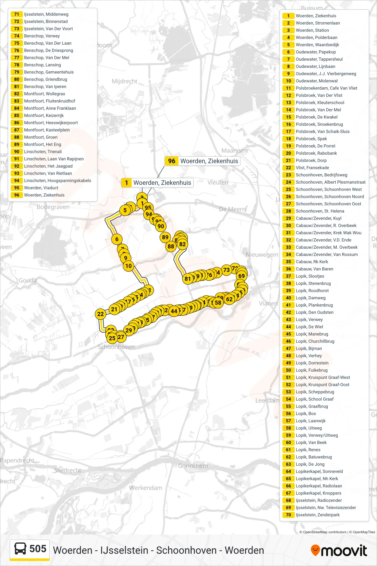 Lijn 505 (bus, Schoonhoven): route en haltes op de kaart
