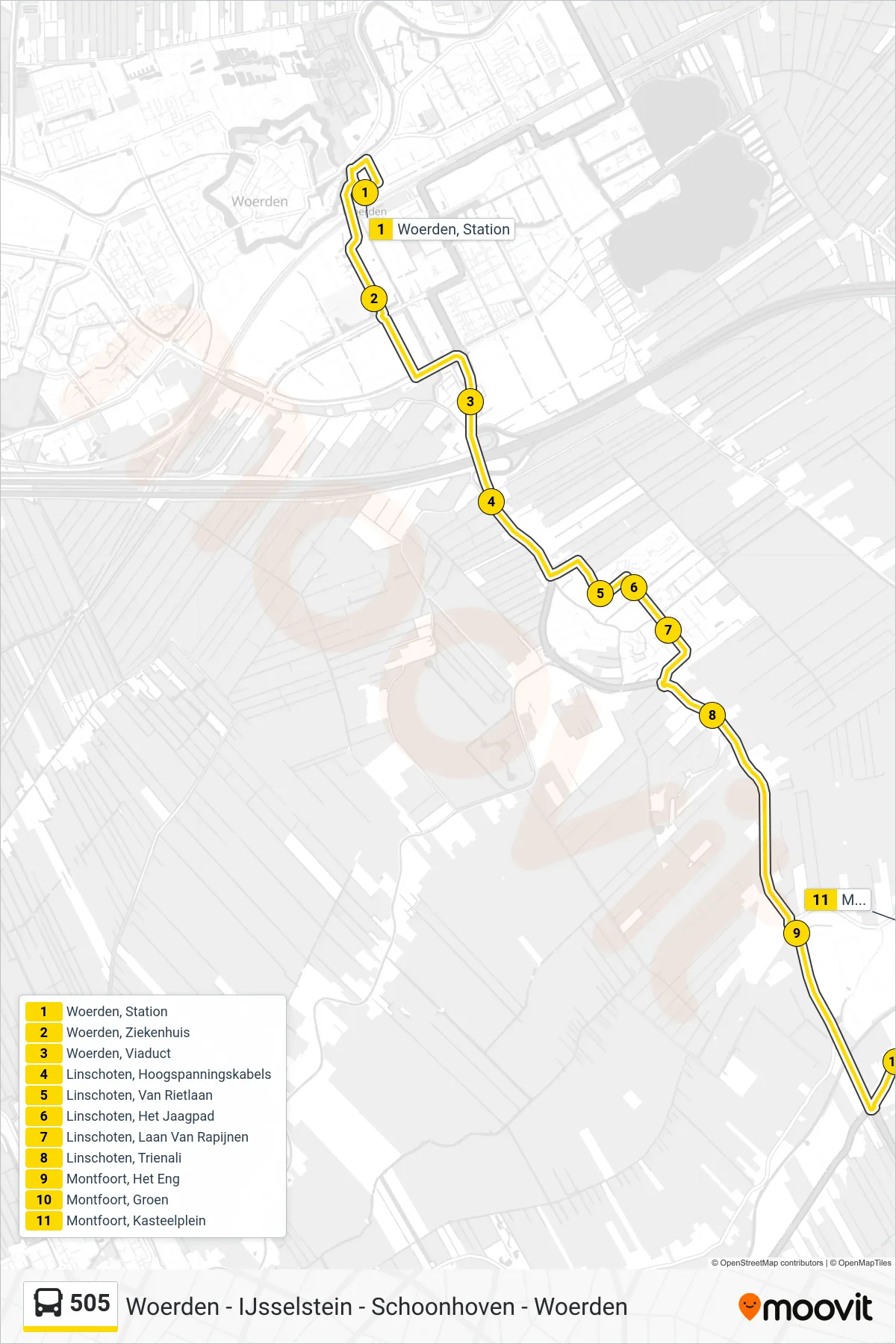505 bus Line (Montfoort) route and stops on a map