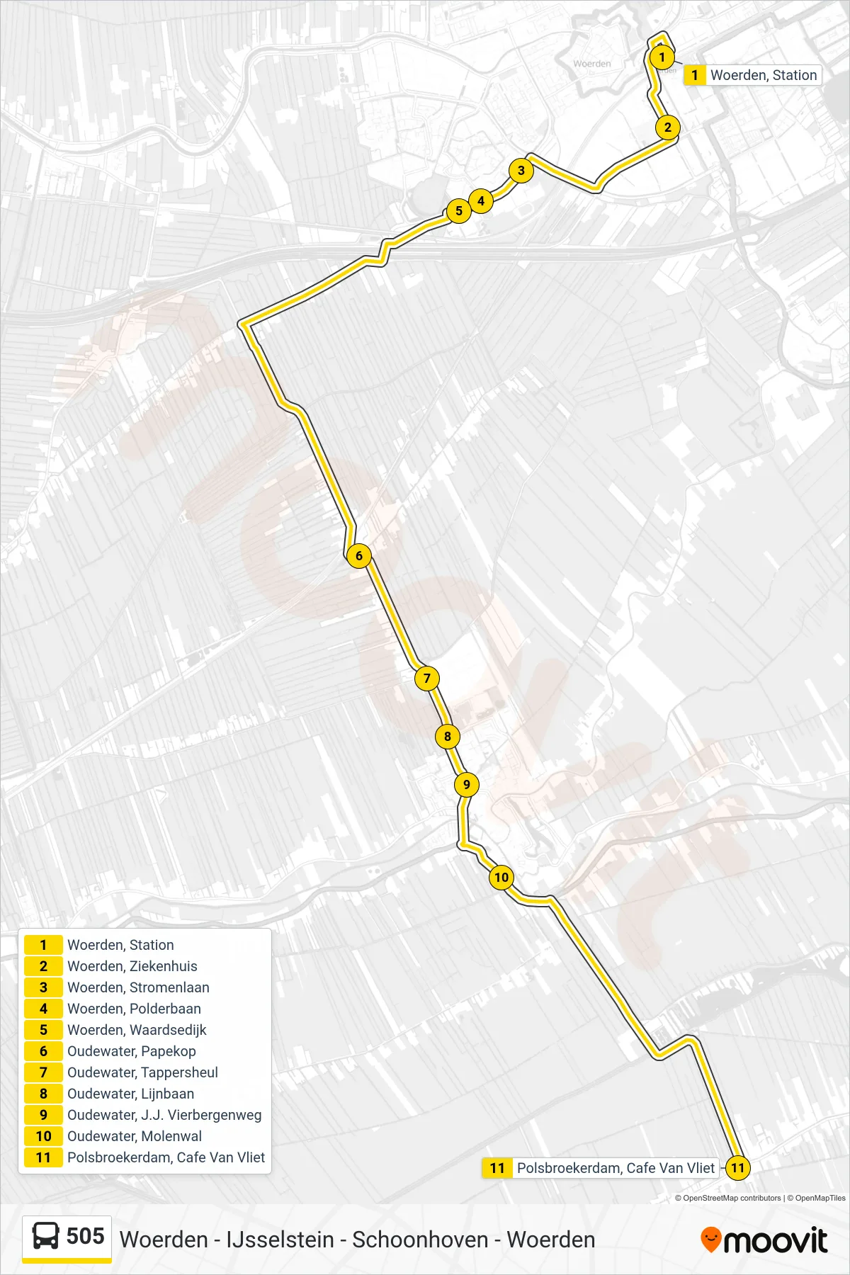 505 bus Line (Polsbroek) route and stops on a map