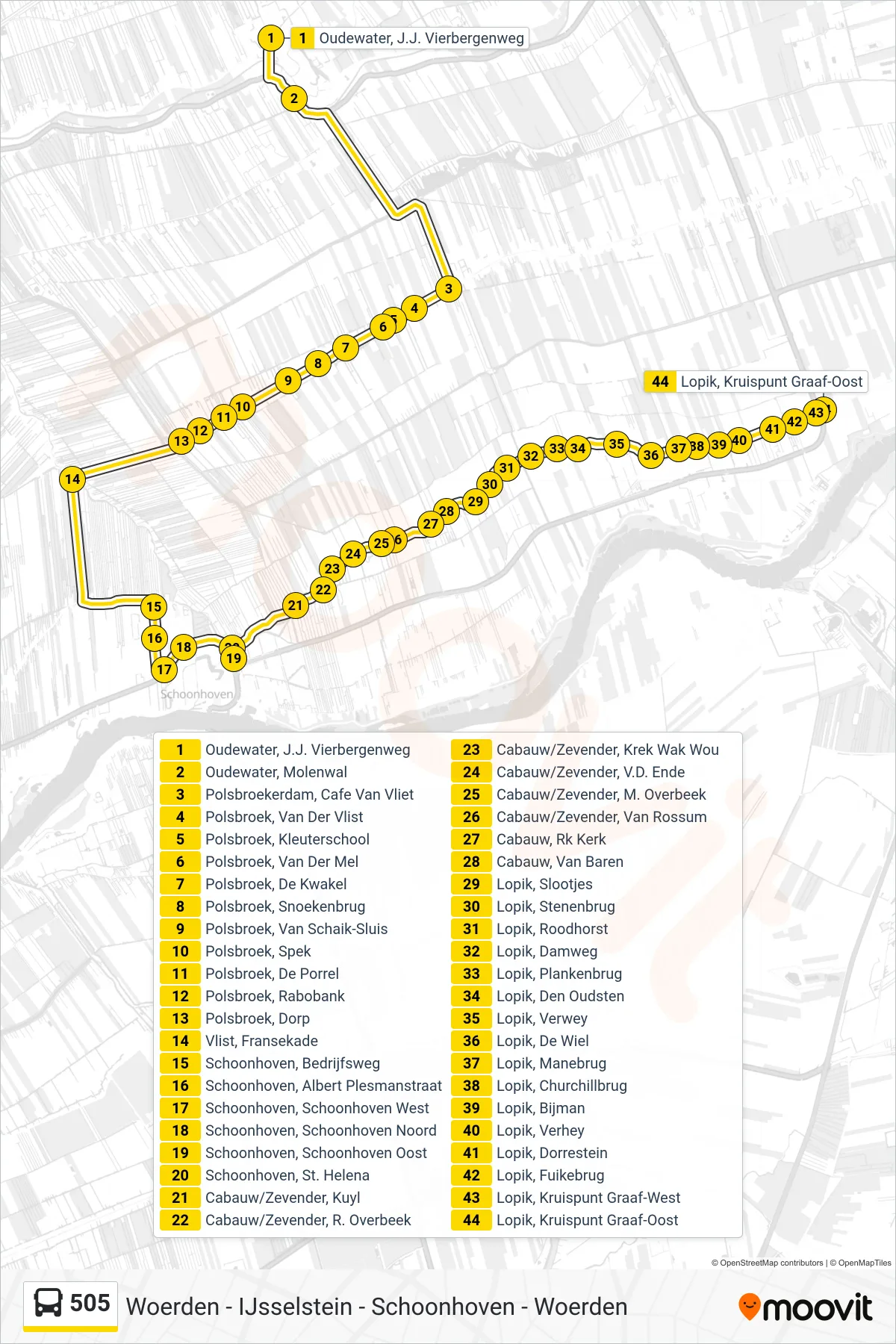 Lijn 505 (bus, Lopik): route en haltes op de kaart