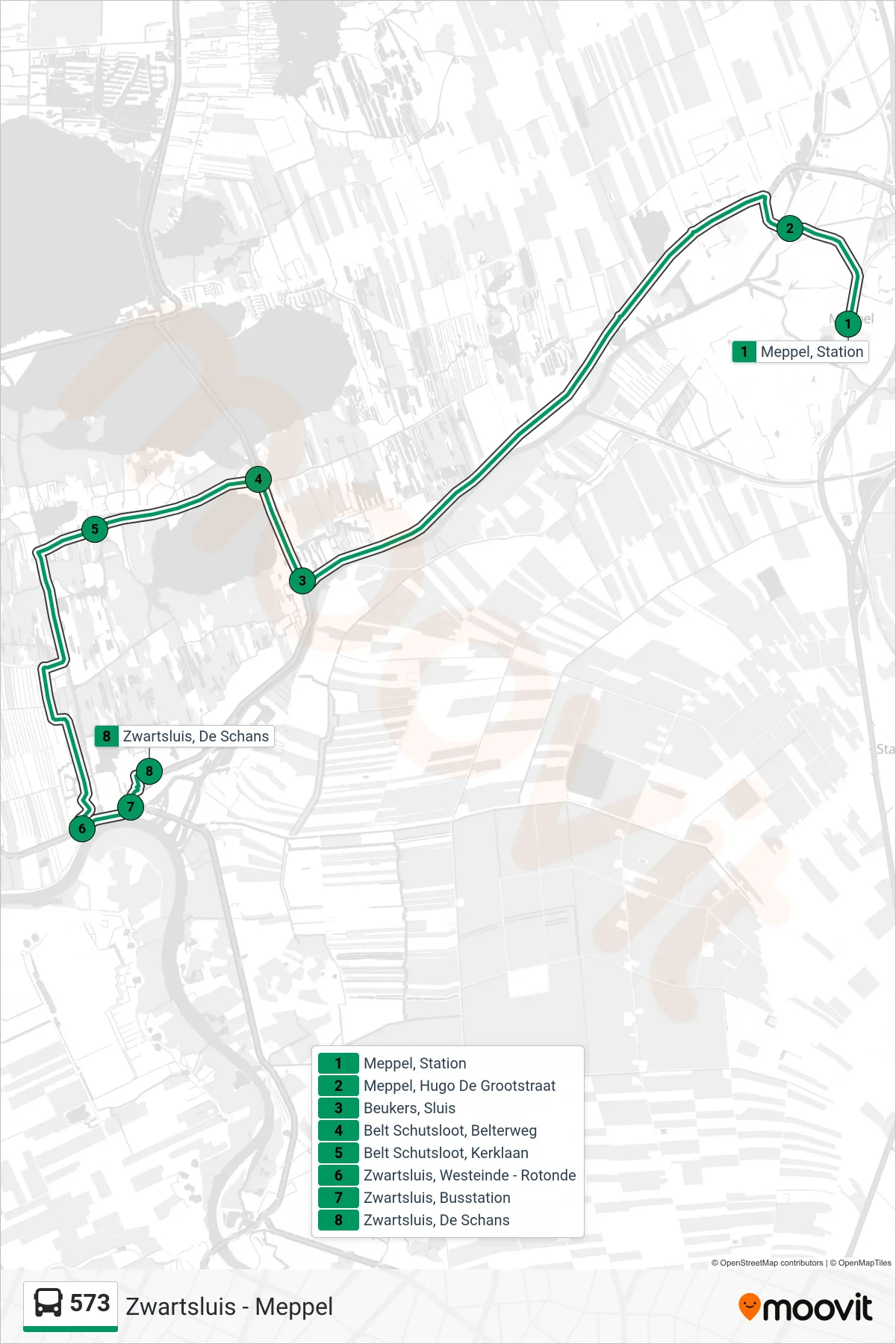 Lijn 573 (bus, Zwartsluis): route en haltes op de kaart