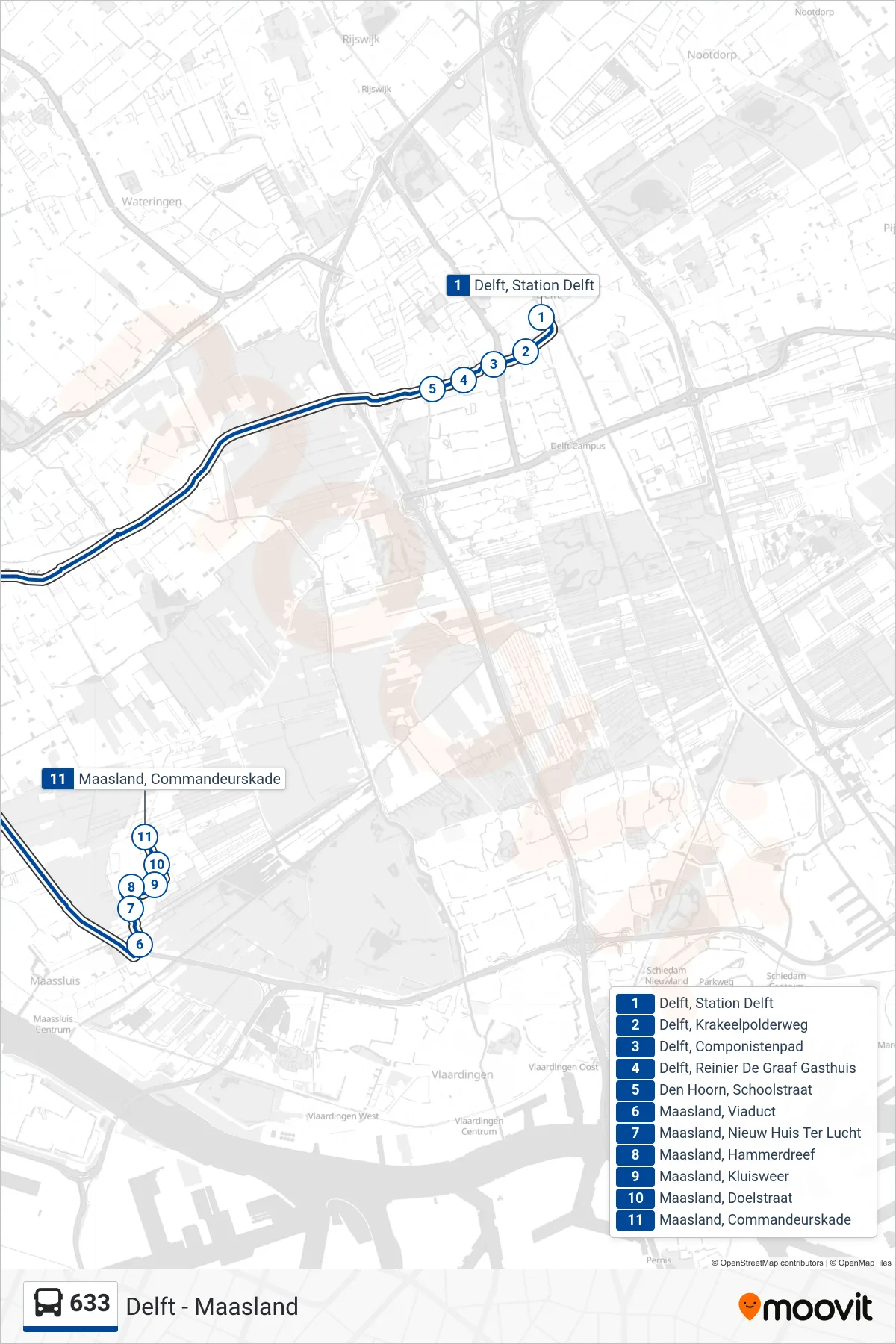 633 bus Line (Maasland) route and stops on a map