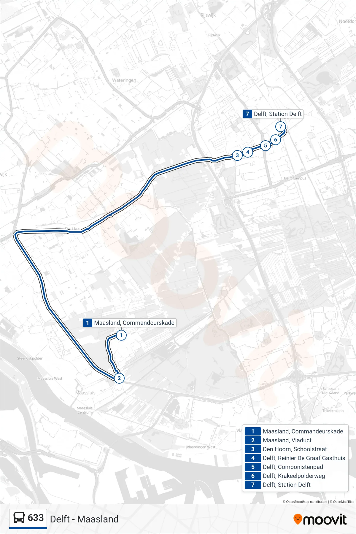 Lijn 633 (bus, Delft Station): route en haltes op de kaart