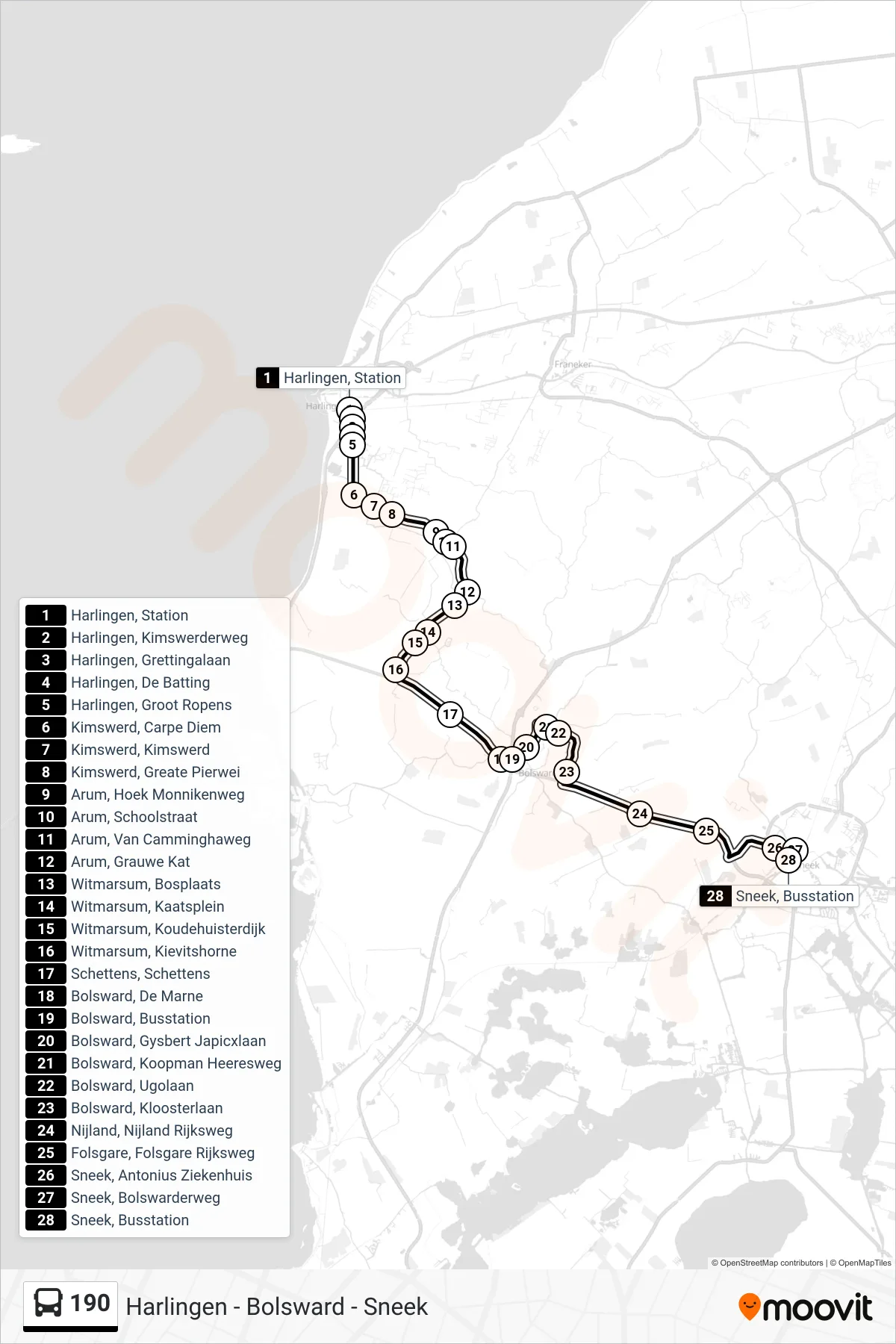 Lijn 190 (bus, Sneek): route en haltes op de kaart