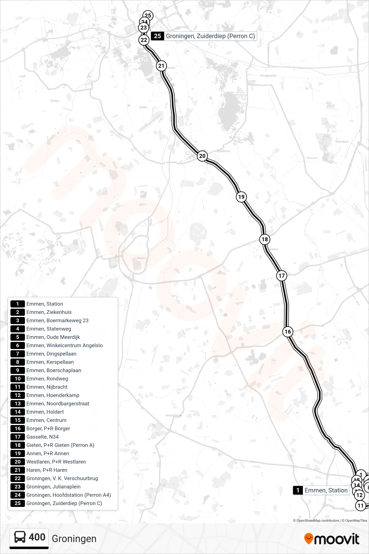Lijn 400 (bus, Groningen): route en haltes op de kaart