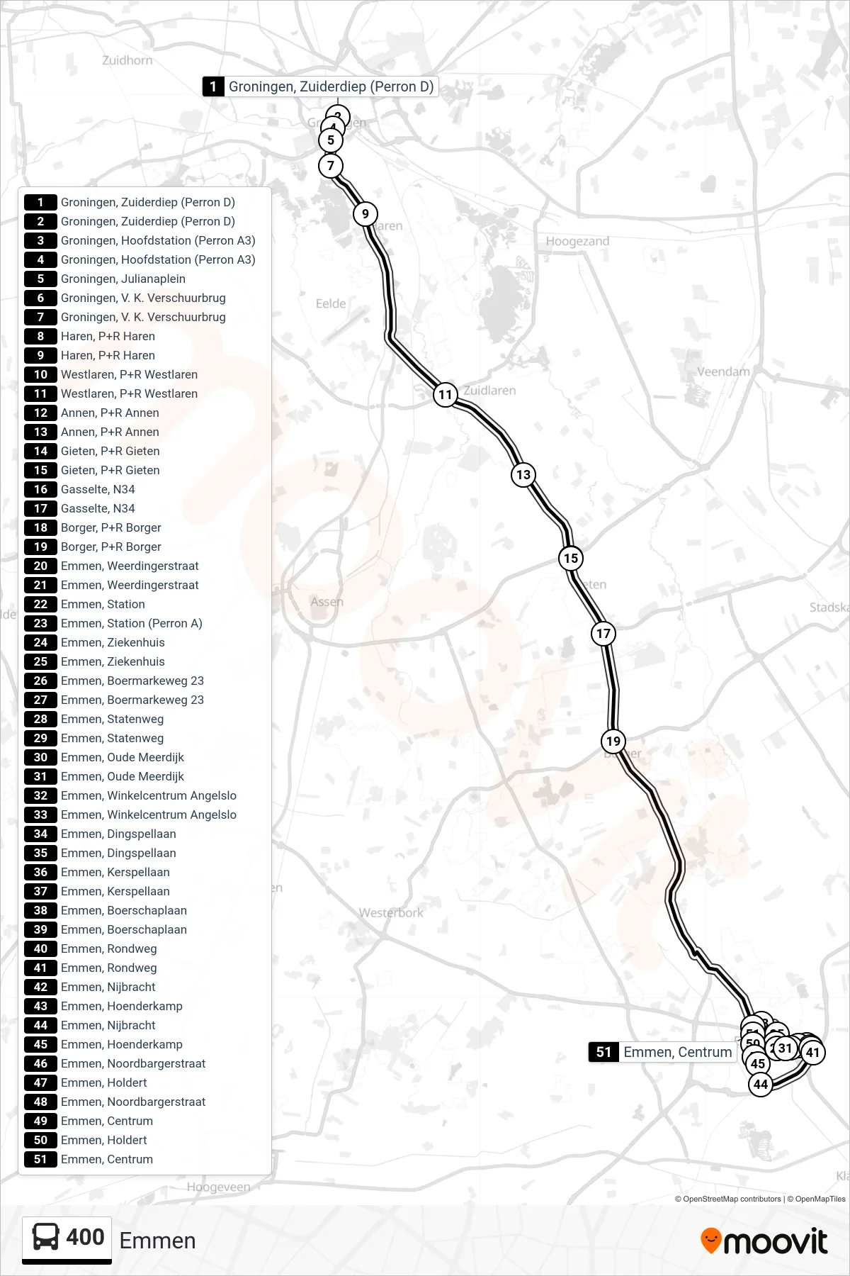 Lijn 400 (bus, Emmen): route en haltes op de kaart