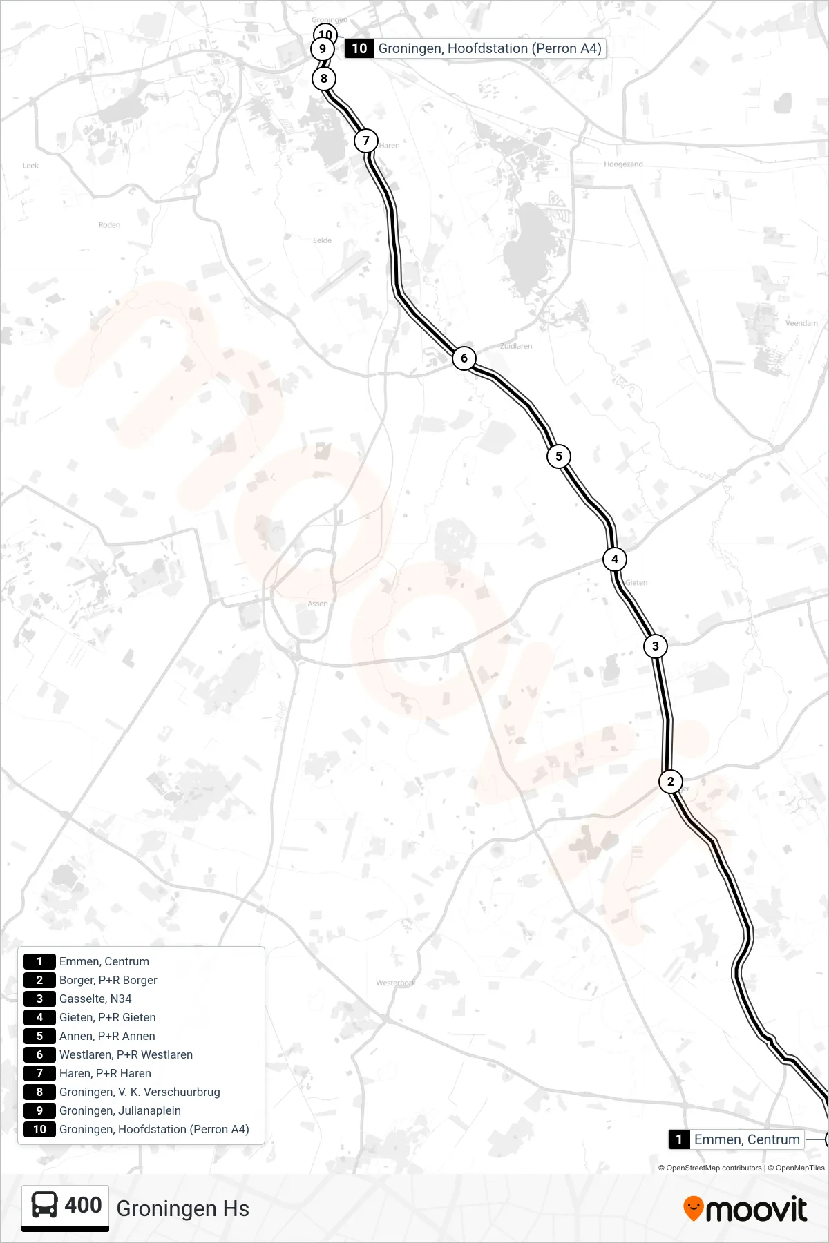 Lijn 400 (bus, Groningen Hs): route en haltes op de kaart