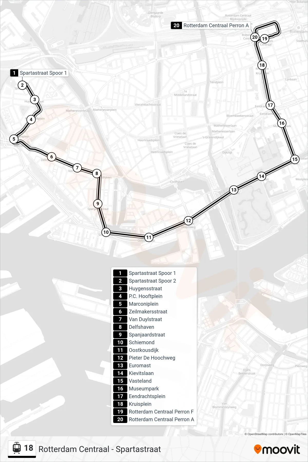 Lijn 18 (tram, Rotterdam Centraal): route en haltes op de kaart