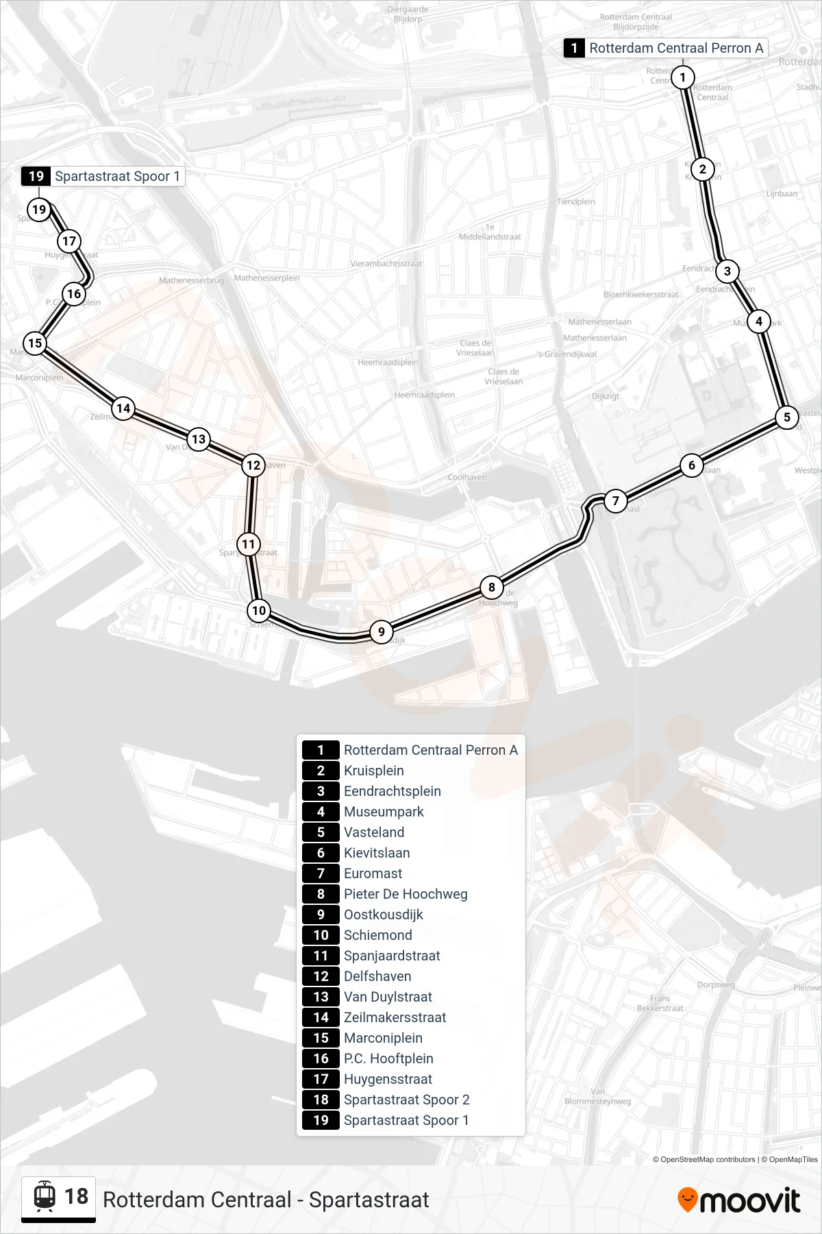 Lijn 18 (tram, Spangen): route en haltes op de kaart