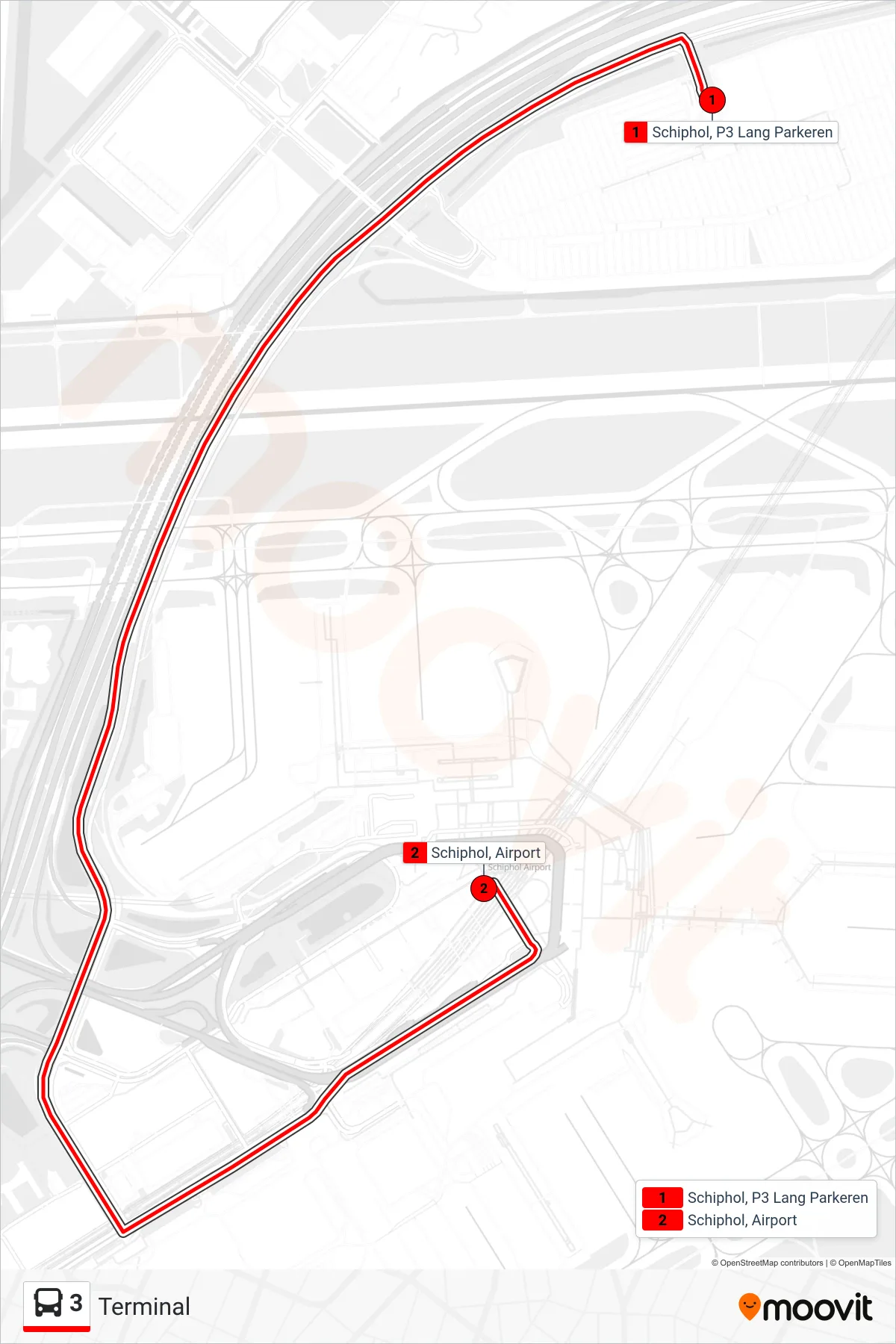 3 bus Line (Terminal) route and stops on a map