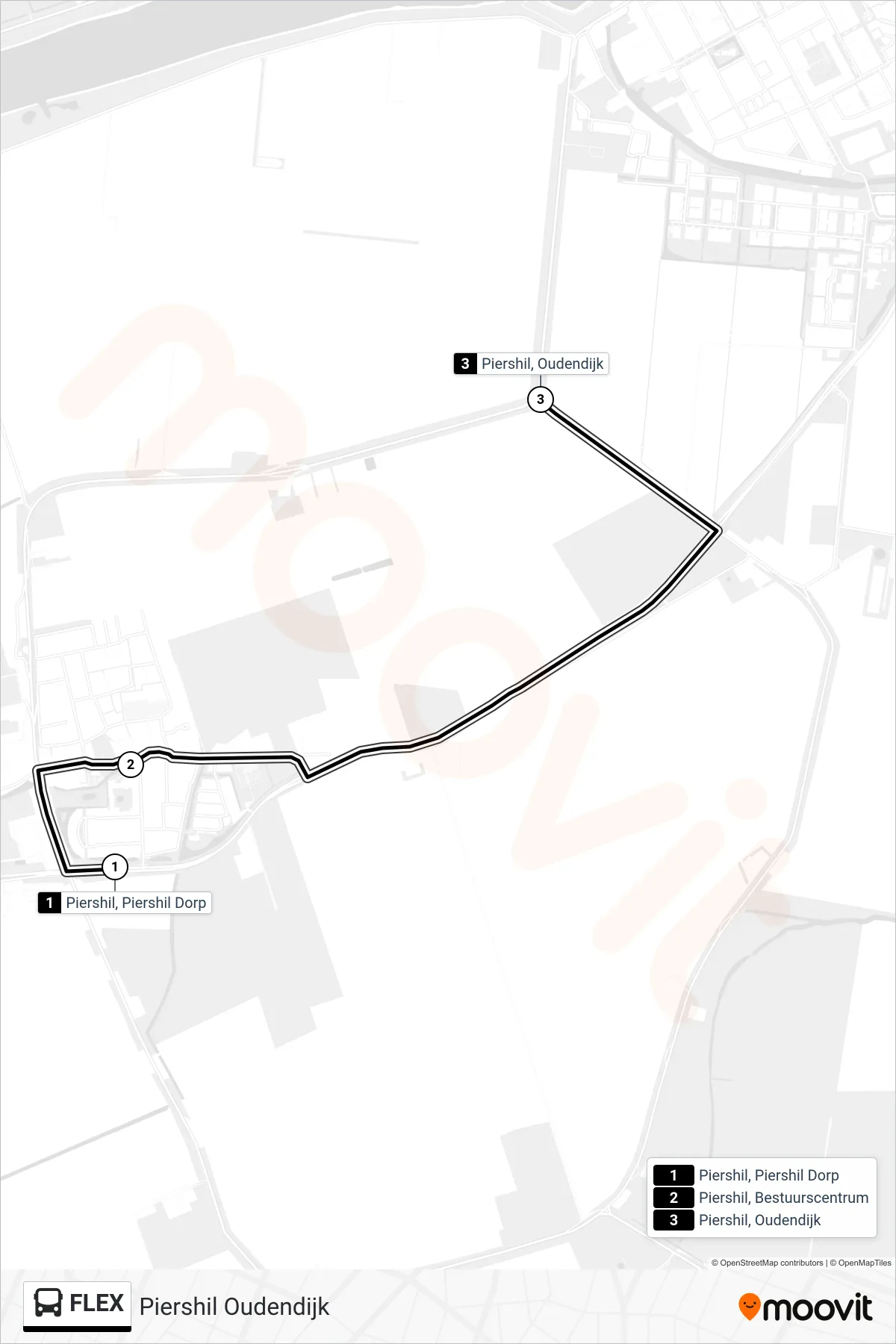 FLEX bus Line (Piershil Oudendijk) route and stops on a map