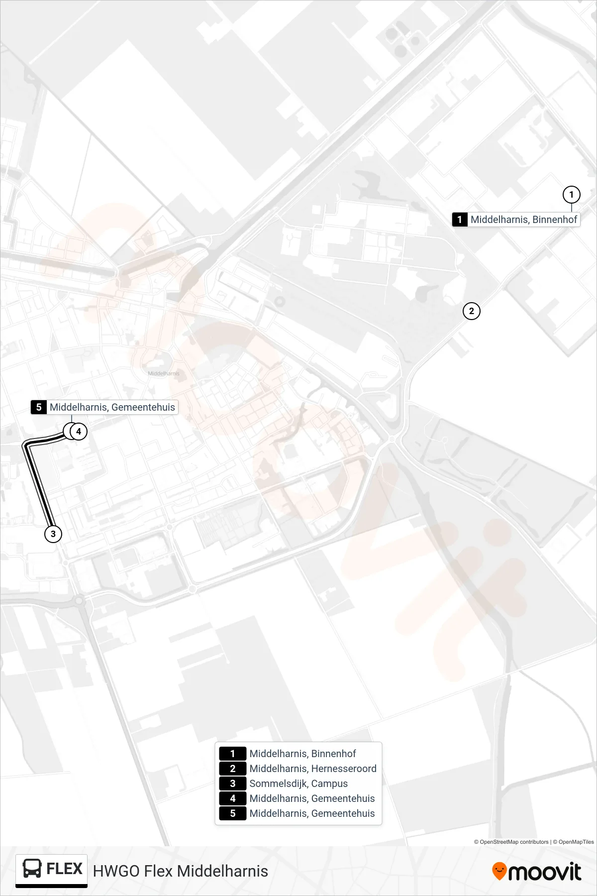 Lijn FLEX (bus, Middelharnis Gemeentehuis): route en haltes op de kaart