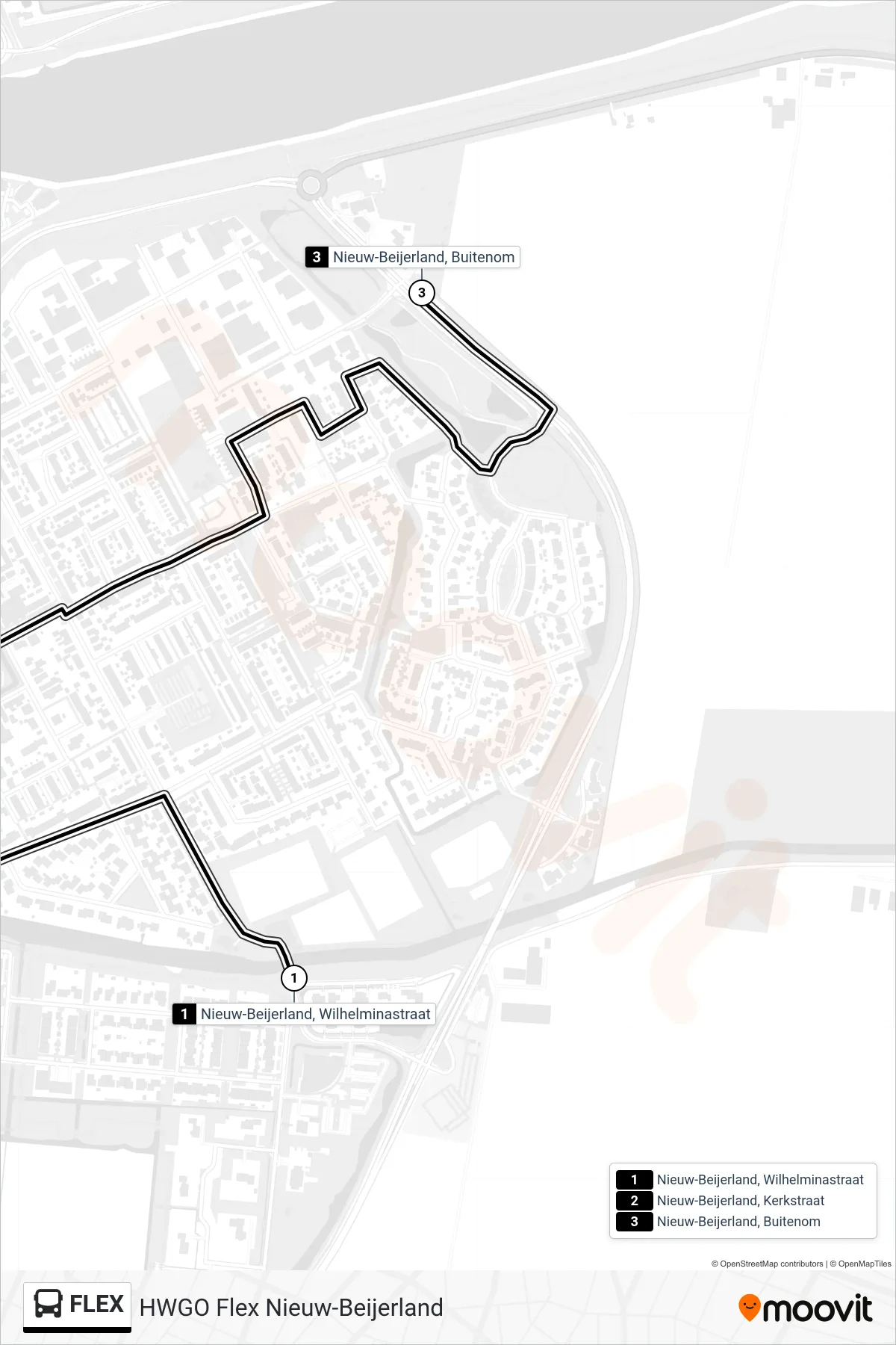 FLEX bus Line (Nieuw-Beijerland Buitenom) route and stops on a map