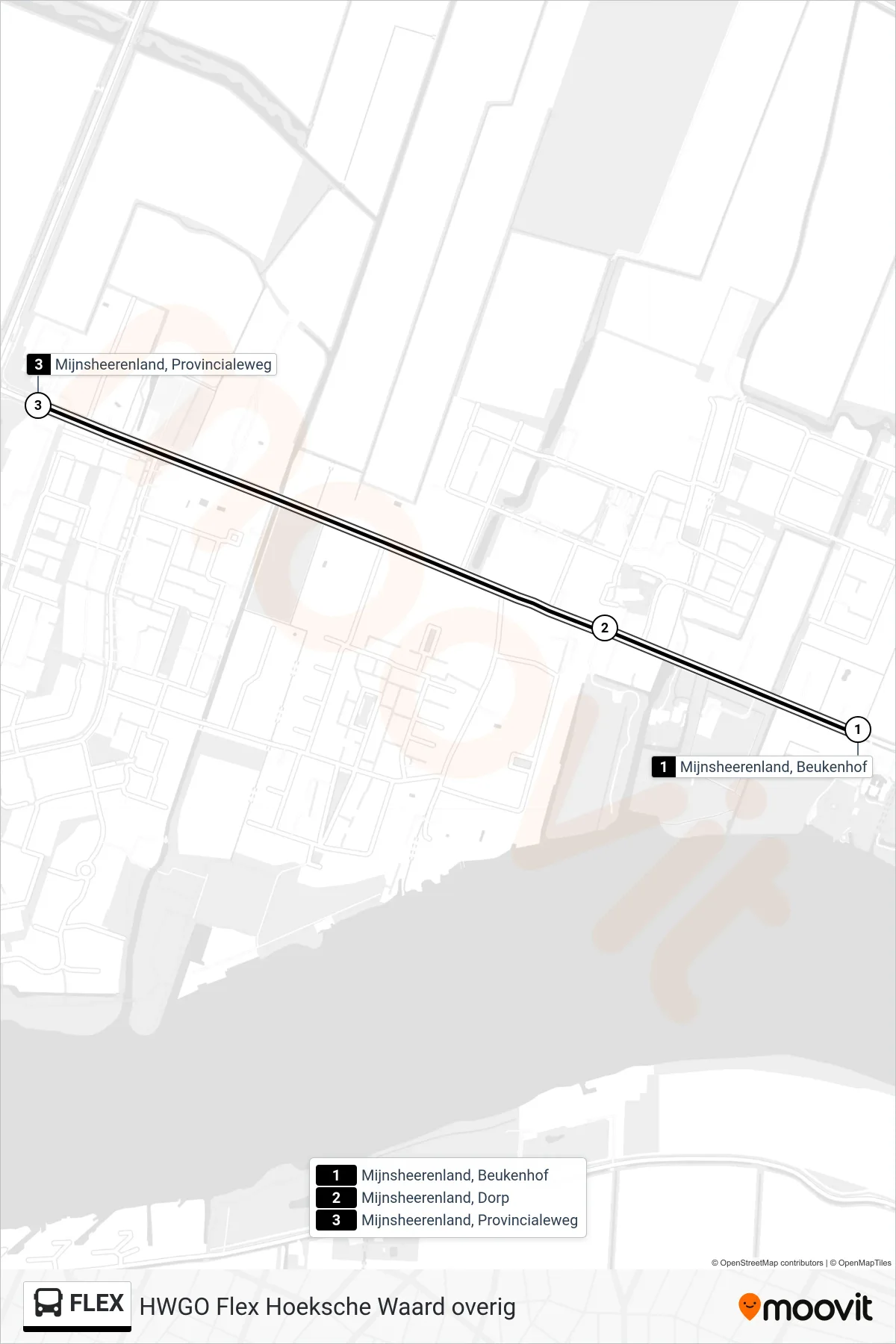 Lijn FLEX (bus, Mijnsheerenland Provincialeweg): route en haltes op de kaart