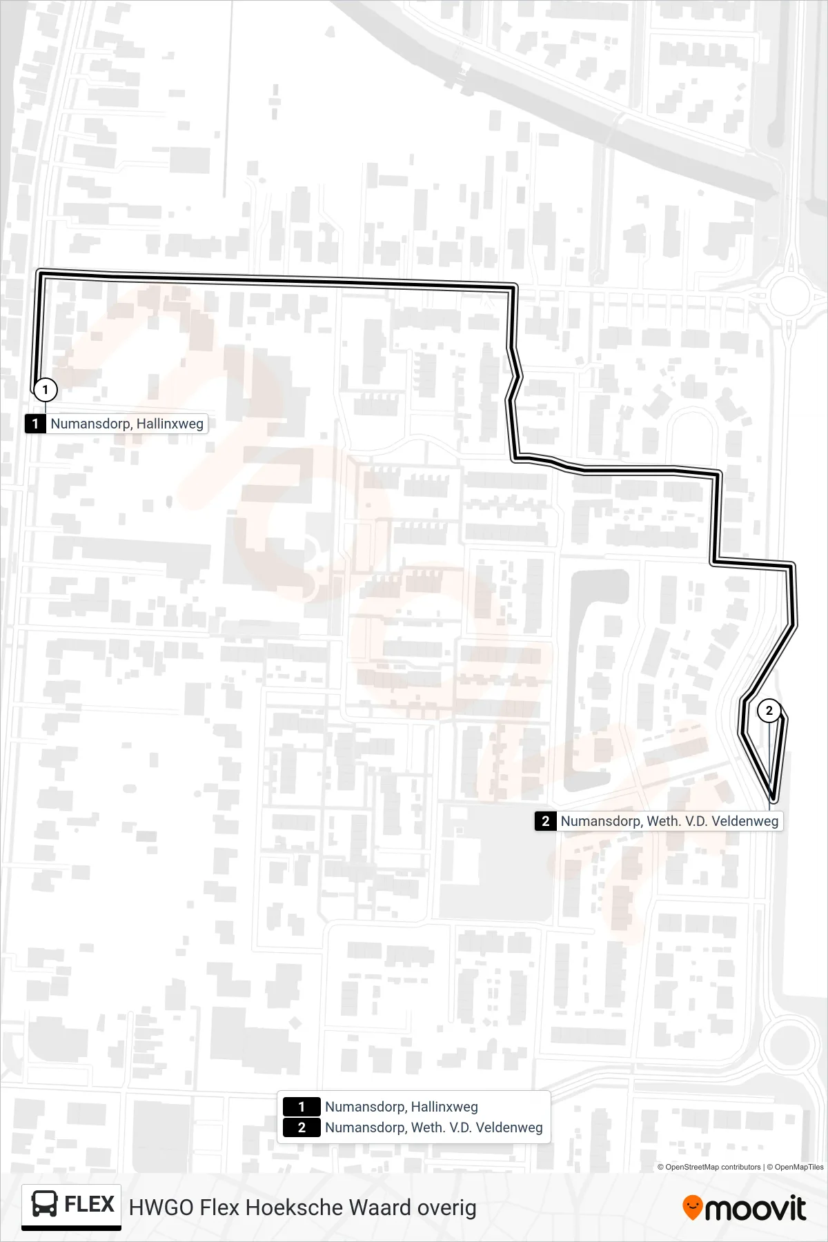 Lijn FLEX (bus, Numansdorp Weth. V.D. Veldenweg): route en haltes op de kaart