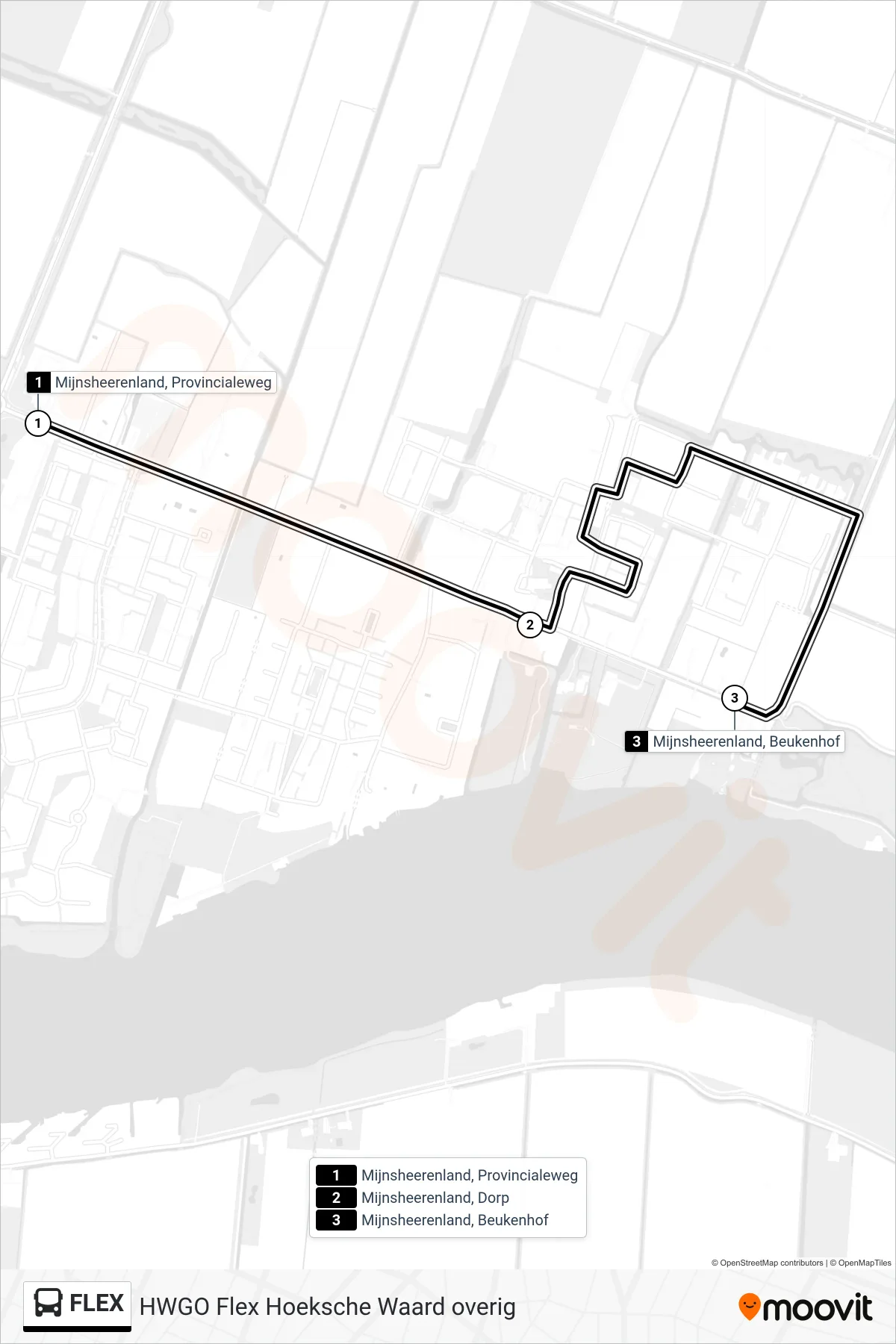 Lijn FLEX (bus, Mijnsheerenland Beukenhof): route en haltes op de kaart