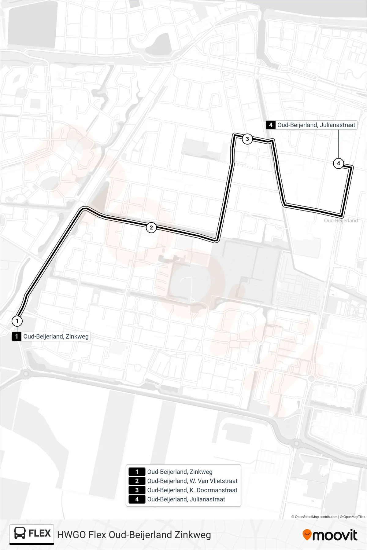 Lijn FLEX (bus, Oud-Beijerland Julianastraat): route en haltes op de kaart