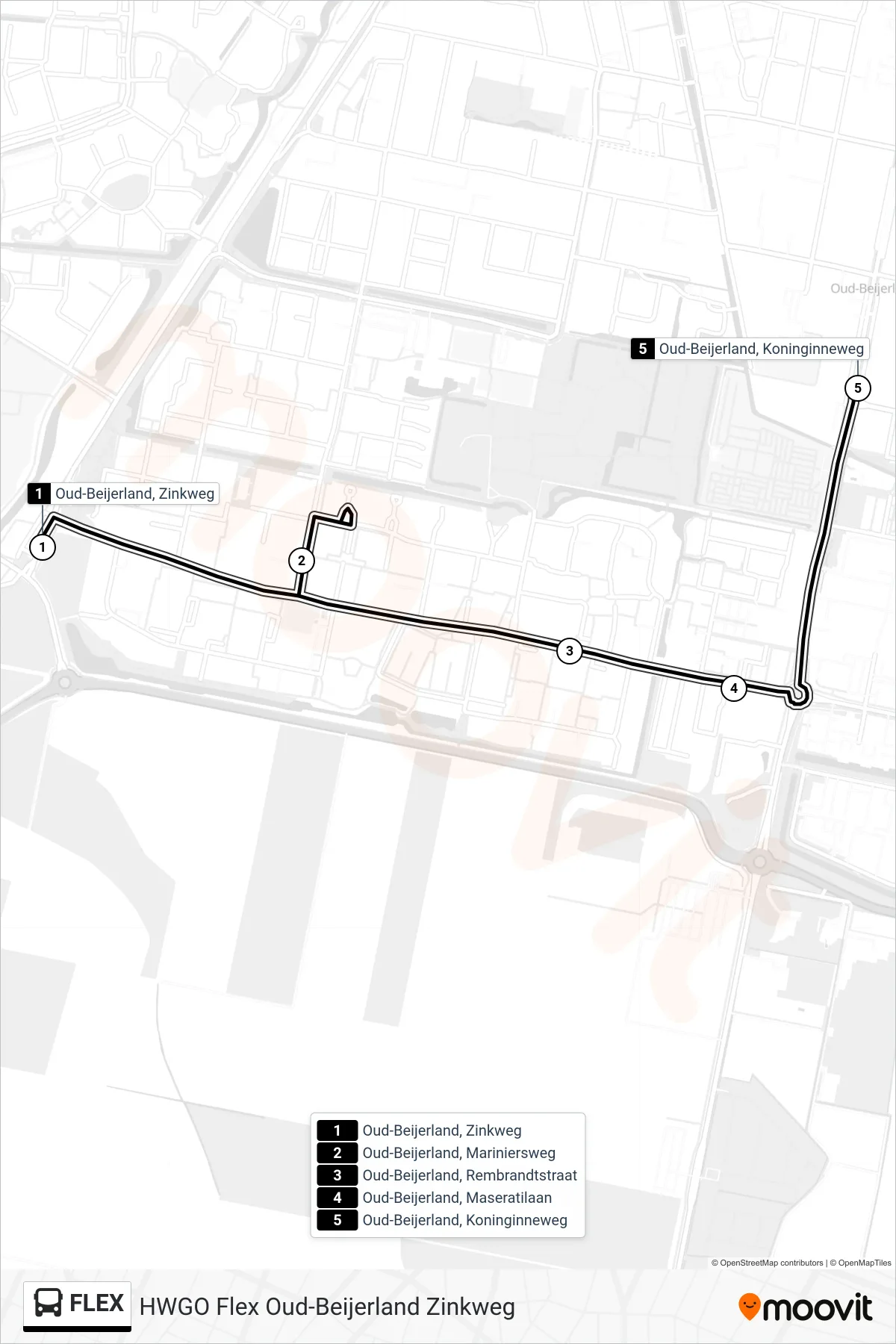 FLEX bus Line (Oud-Beijerland Koninginneweg) route and stops on a map