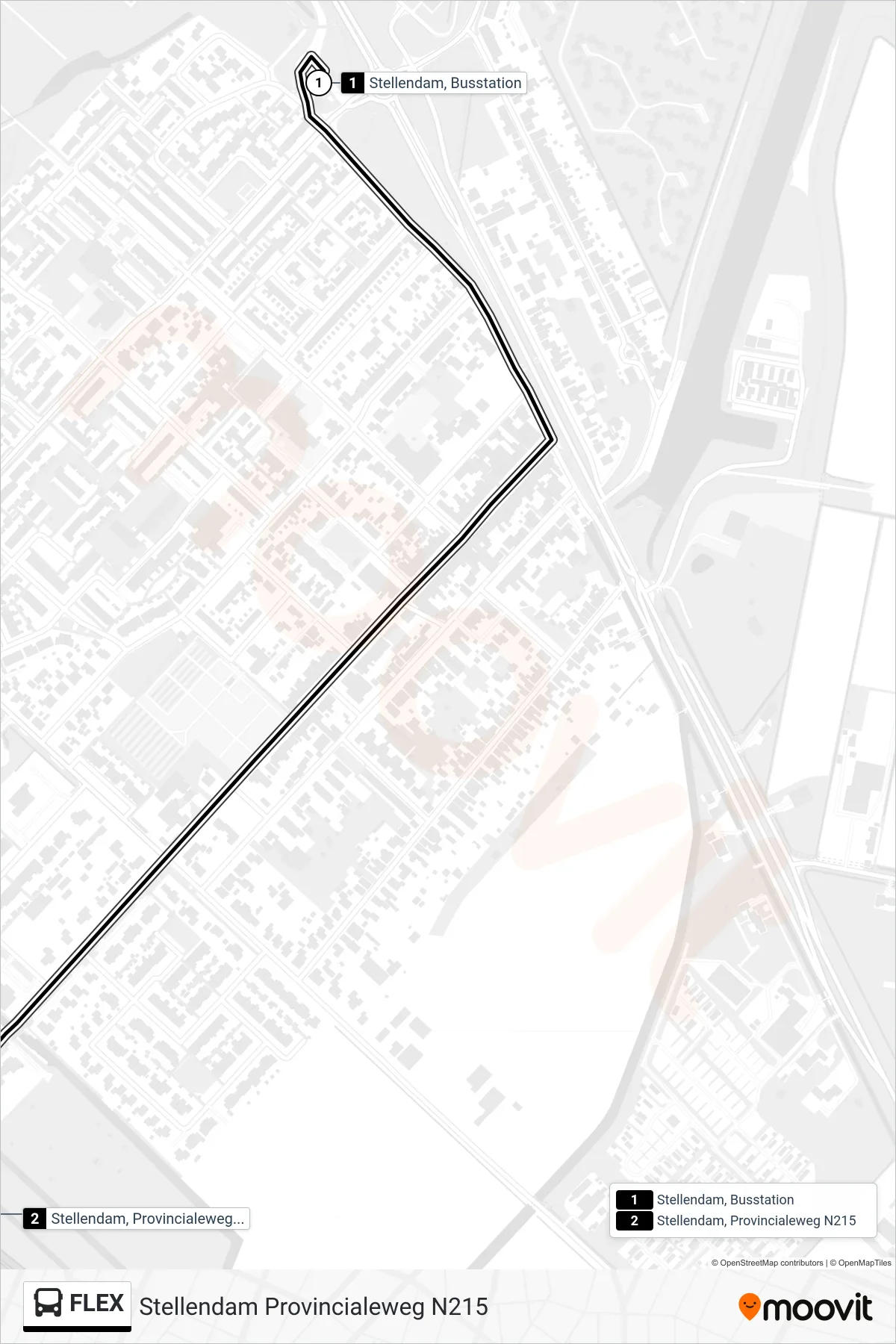 FLEX bus Line (Stellendam Provincialeweg N215) route and stops on a map