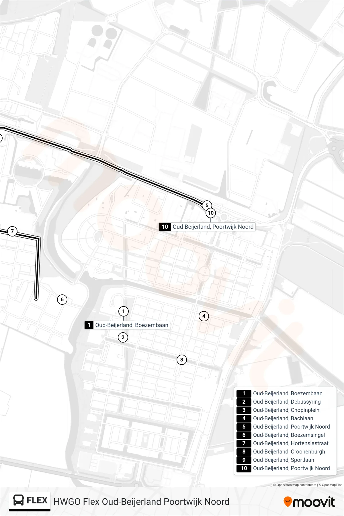Lijn FLEX (bus, Oud-Beijerland Poortwijk Noord): route en haltes op de kaart