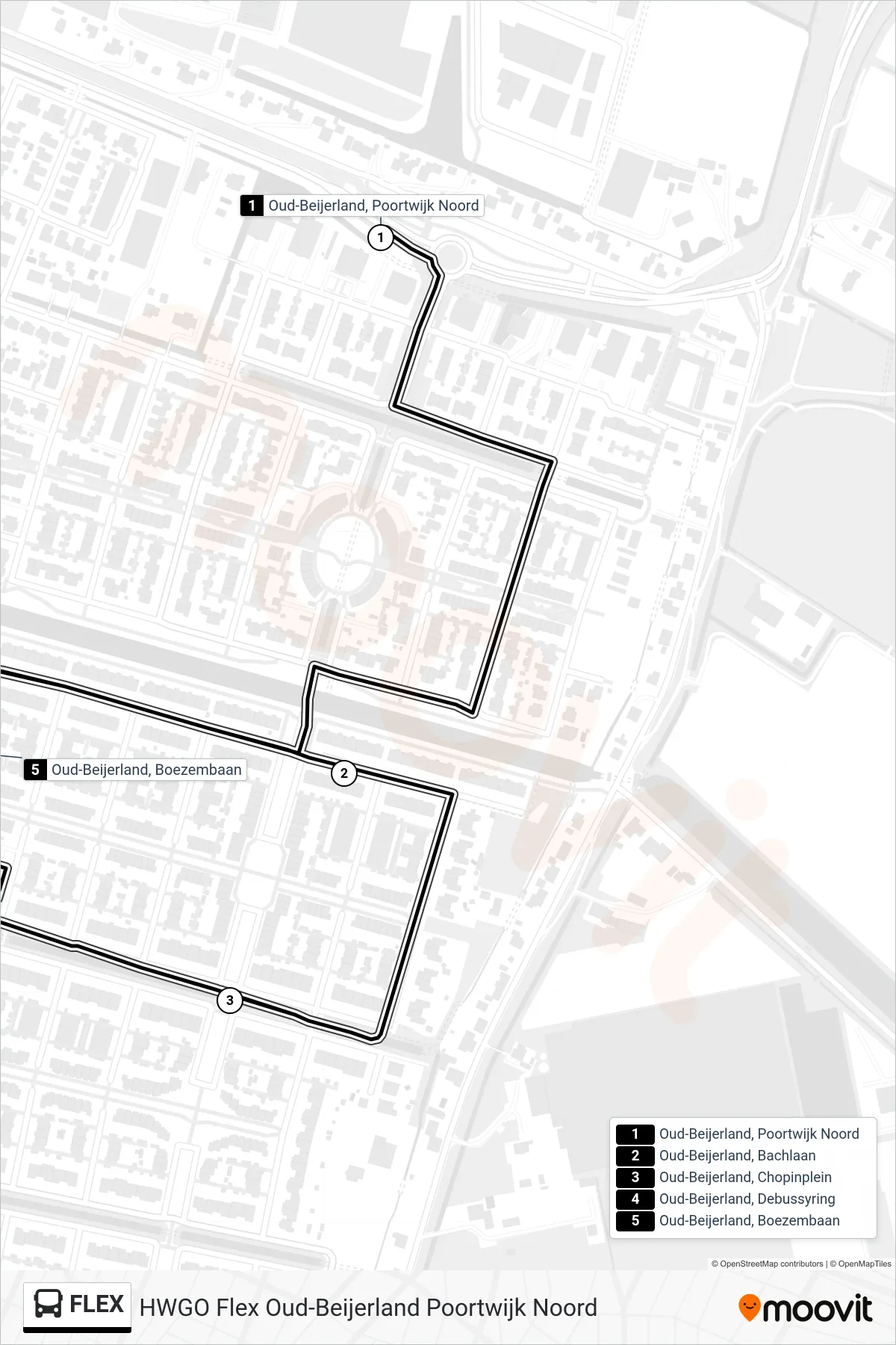 FLEX bus Line (Oud-Beijerland Boezembaan) route and stops on a map