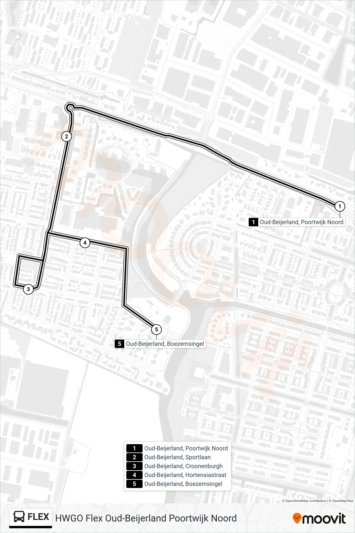 FLEX bus Line (Oud-Beijerland Boezemsingel) route and stops on a map
