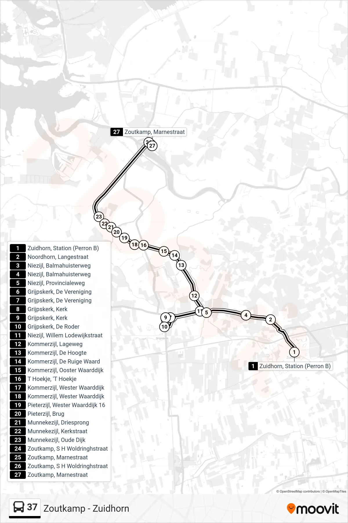 Lijn 37 (bus, Zoutkamp): route en haltes op de kaart