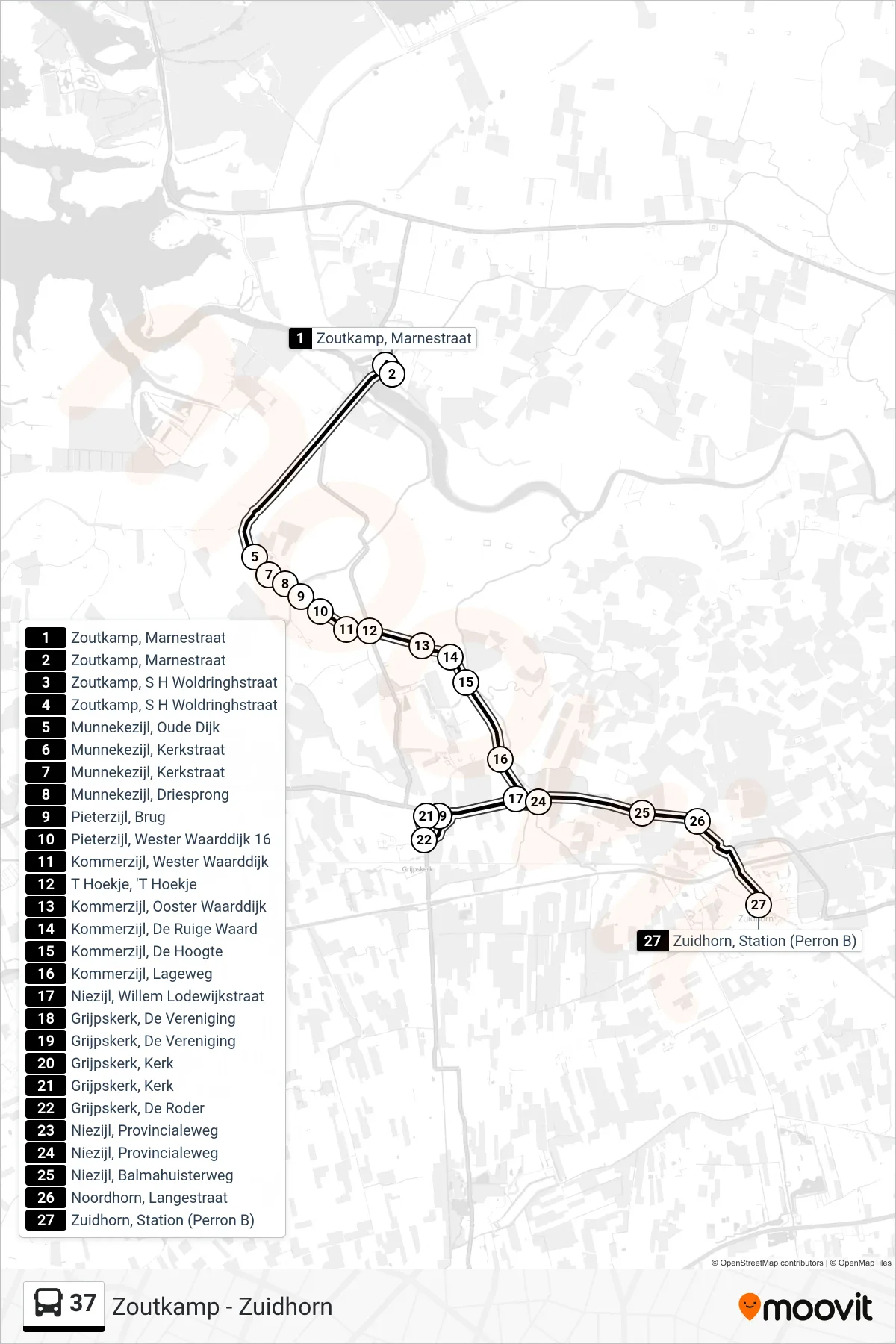 Lijn 37 (bus, Zuidhorn): route en haltes op de kaart