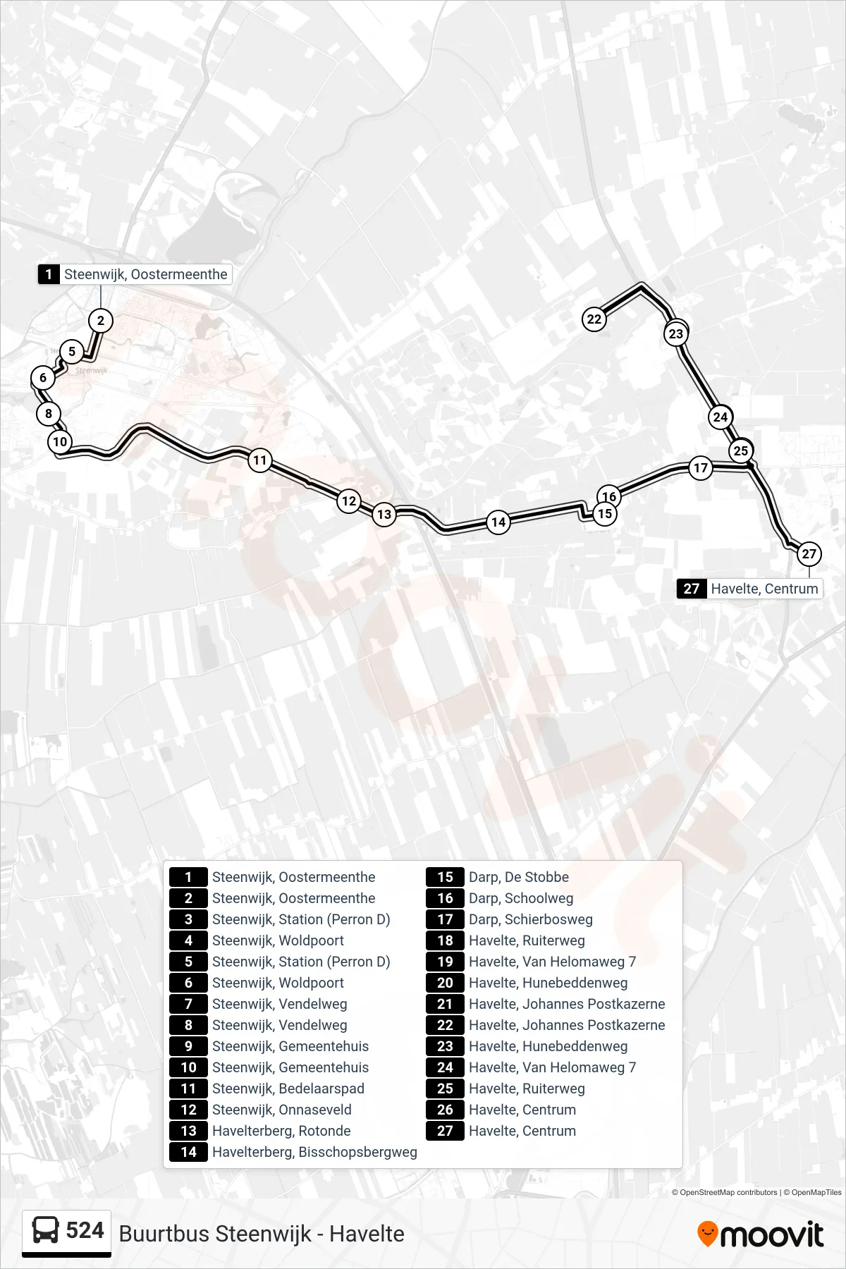 Lijn 524 (bus, Havelte): route en haltes op de kaart
