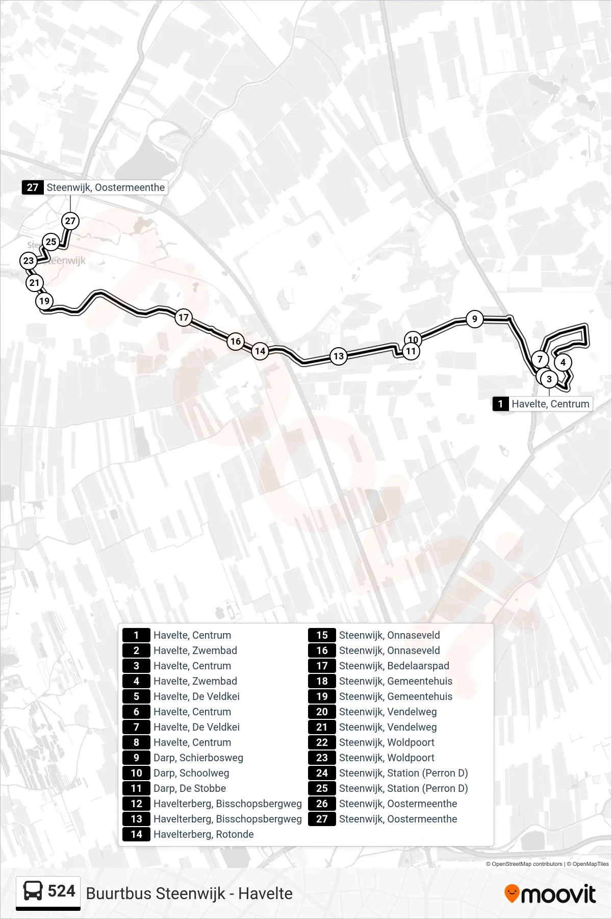 524 bus Line (Steenwijk) route and stops on a map