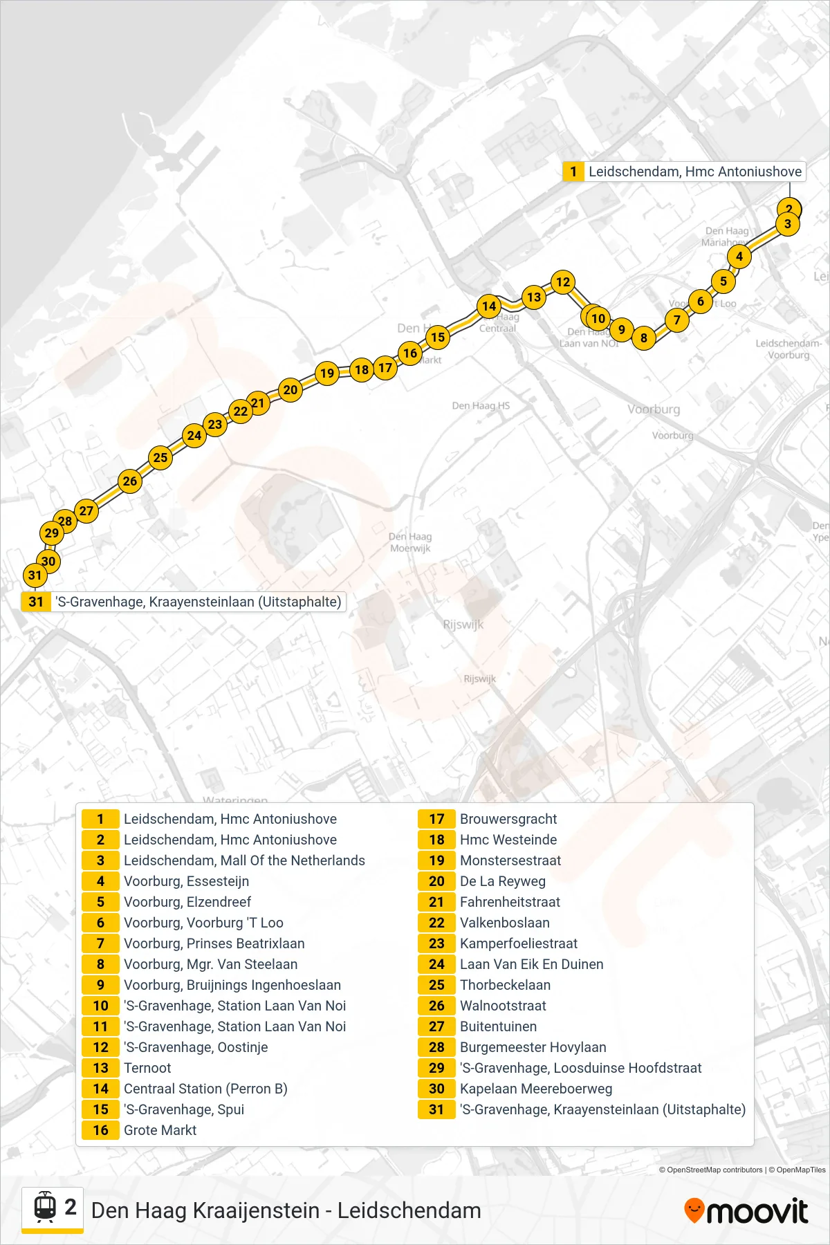 Lijn 2 (tram, Leidschendam): route en haltes op de kaart