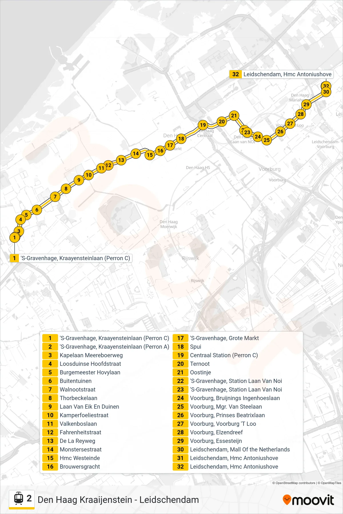 Lijn 2 (tram, Kraayenstein): route en haltes op de kaart